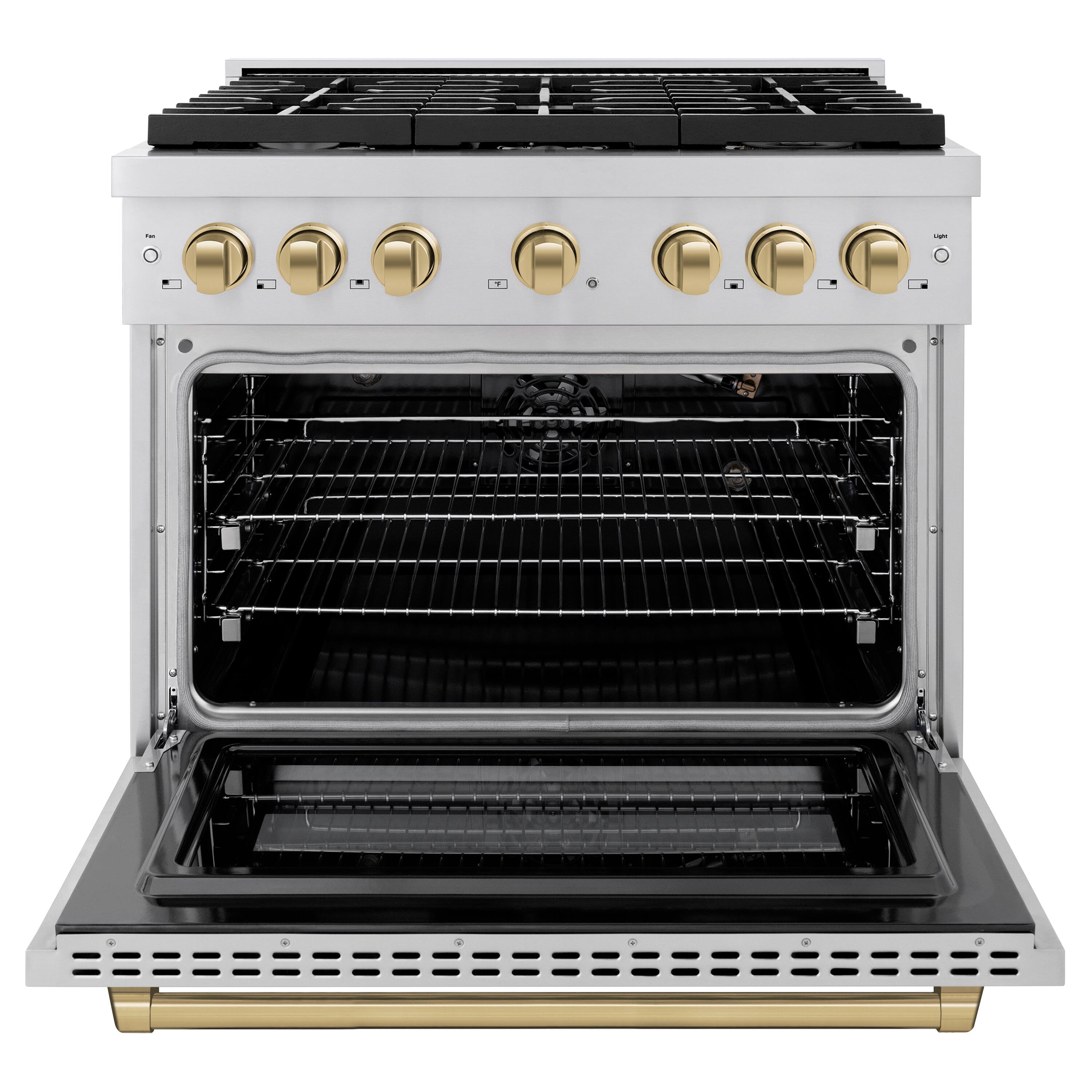 Angle. ZLINE - Autograph 36 in. 5.2 cu. ft. Freestanding Paramount Gas Range with 6 Gas Burners in Stainless Steel and Bronze Accents - Stainless Steel.