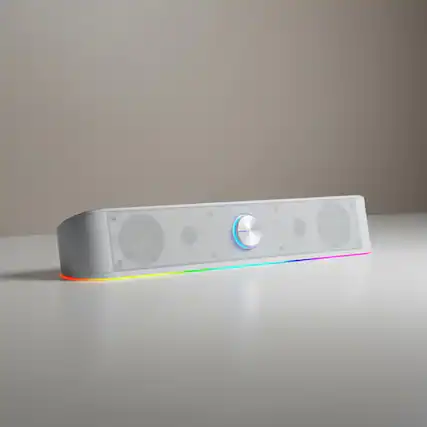 Front. Dazzed Corner - RGB Desktop Soundbar Speaker with Audio Sync Lights, USB Powered - White.