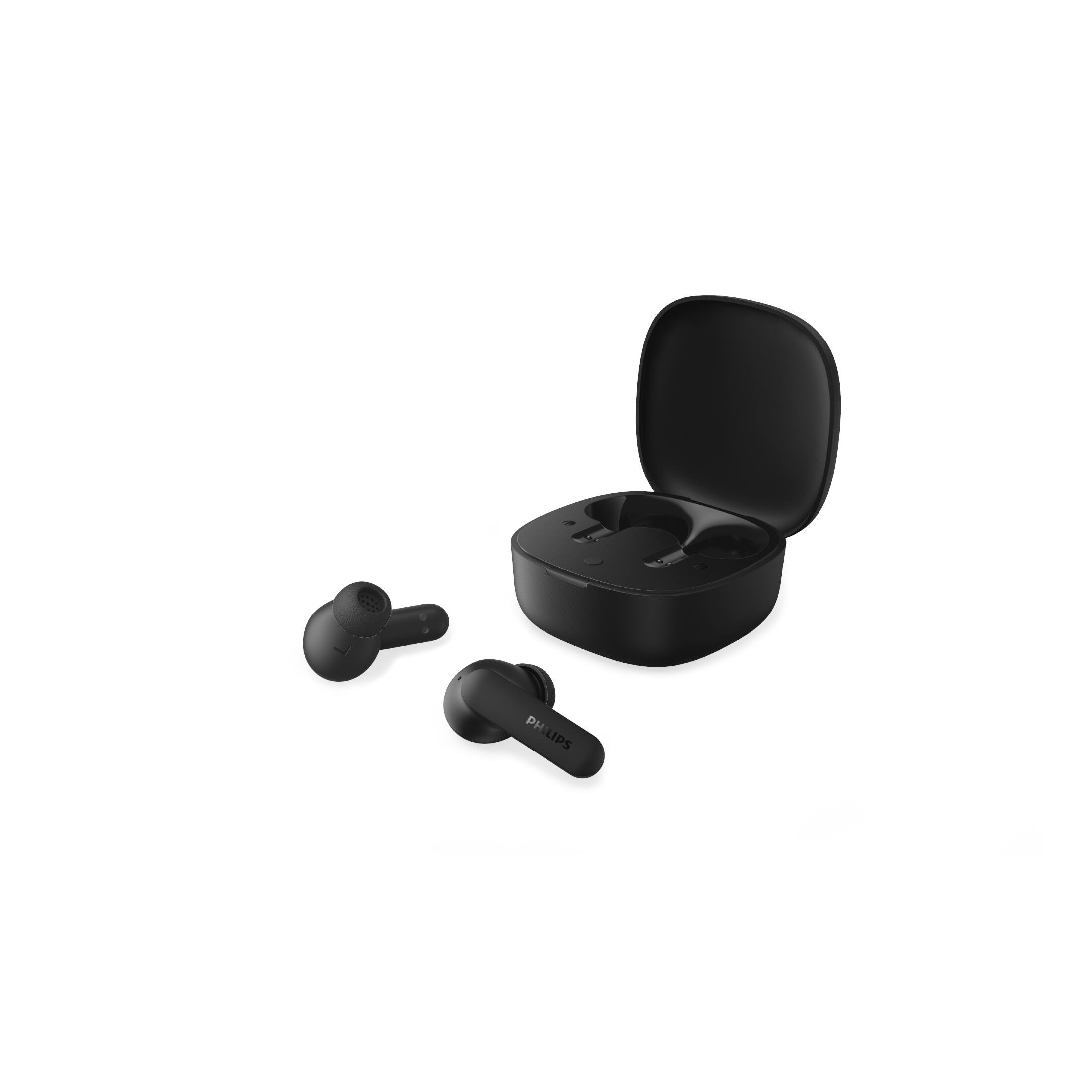 Front. Philips - TAT2200 True Wireless Bluetooth Earbuds with Active Noise Canceling, Stem Style, 4-Mic Technology, 36H Playtime - Black.