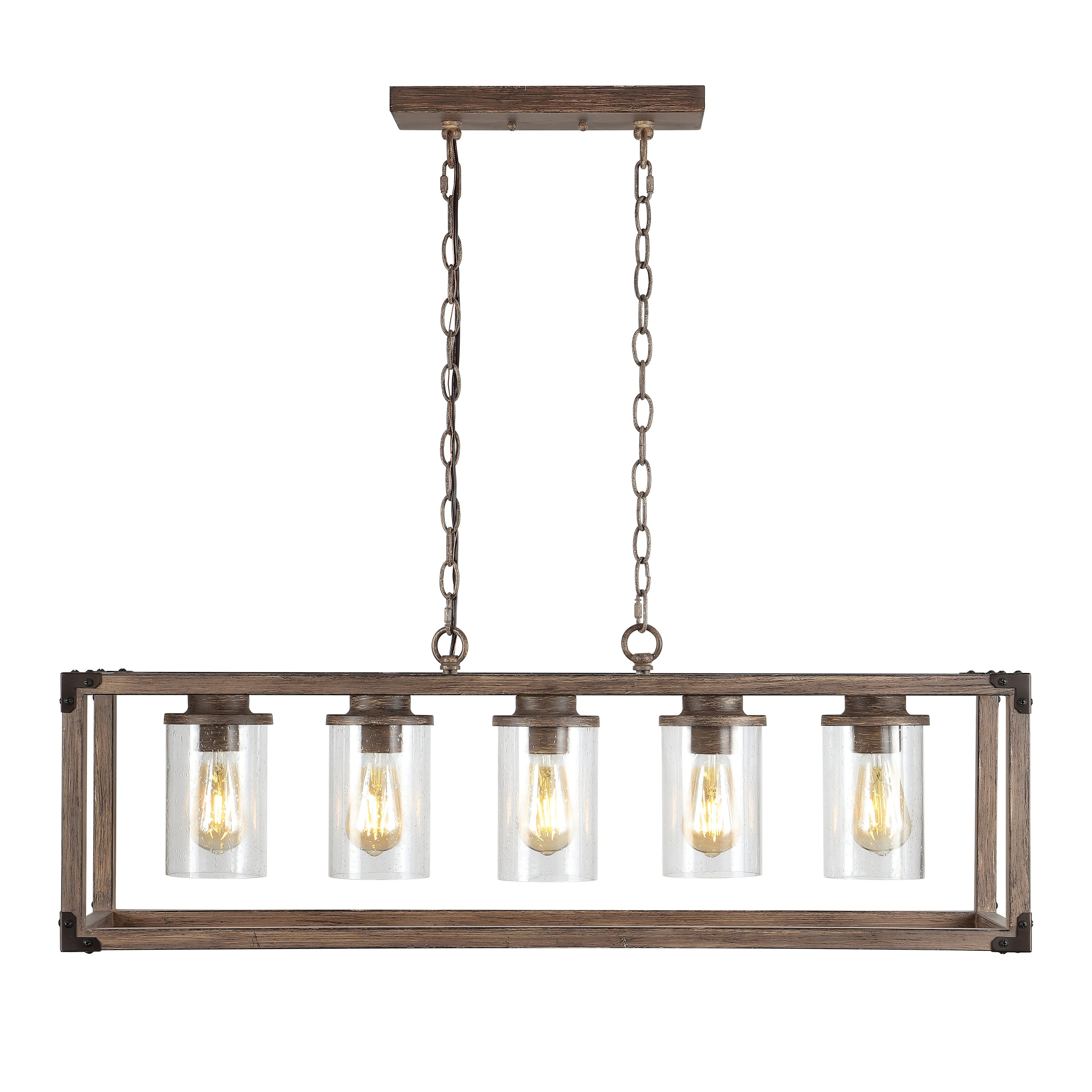 "Jonathan Y - Zeniba 36"" 5-Light Linear Adjustable Iron/Seeded Glass Rustic Farmhouse LED Pendant - Brown" price history on PriceWatchPro