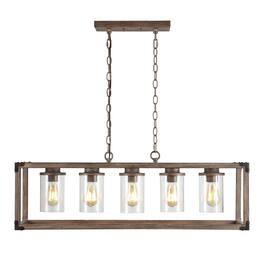 Jonathan Y - Zeniba 36" 5-Light Linear Adjustable Iron/Seeded Glass Rustic Farmhouse LED Pendant - Brown
