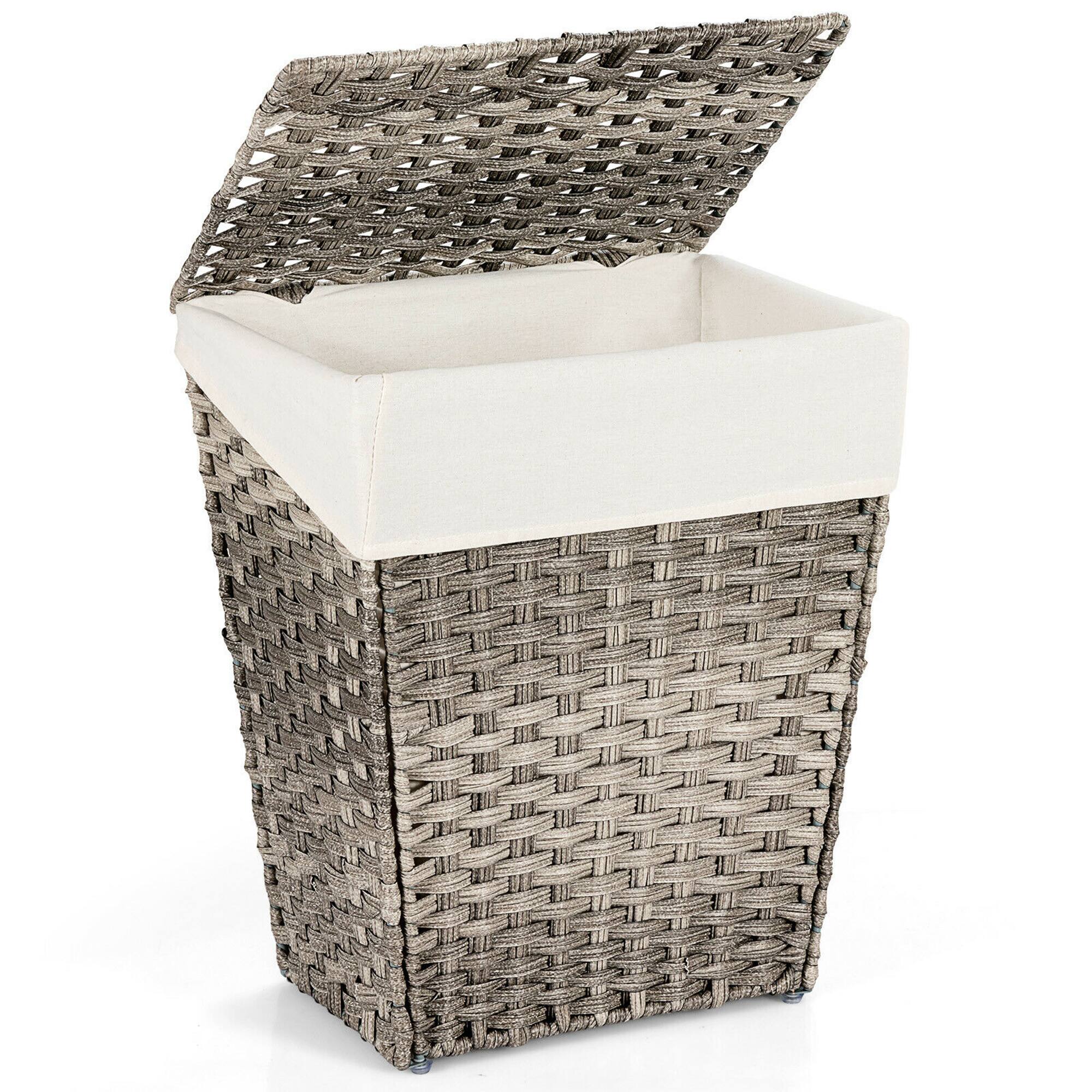 Front. Costway - Handwoven Laundry Hamper Foldable w/Removable Liner, Lid & Handles - Grey.