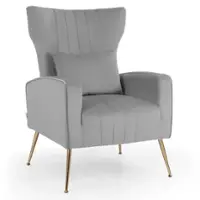 Costway - Velvet Upholstered Wingback Chair with Lumbar Pillow and Golden Metal Legs - Gray - Front_Zoom