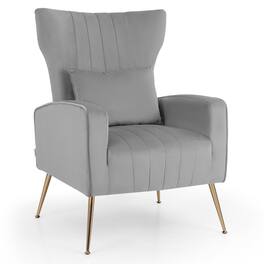 Costway - Velvet Upholstered Wingback Chair with Lumbar Pillow and Golden Metal Legs - Gray
