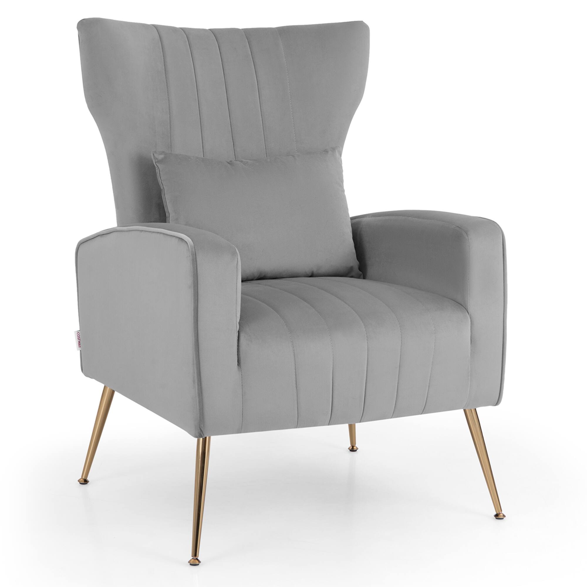 Front. Costway - Velvet Upholstered Wingback Chair with Lumbar Pillow and Golden Metal Legs - Grey.
