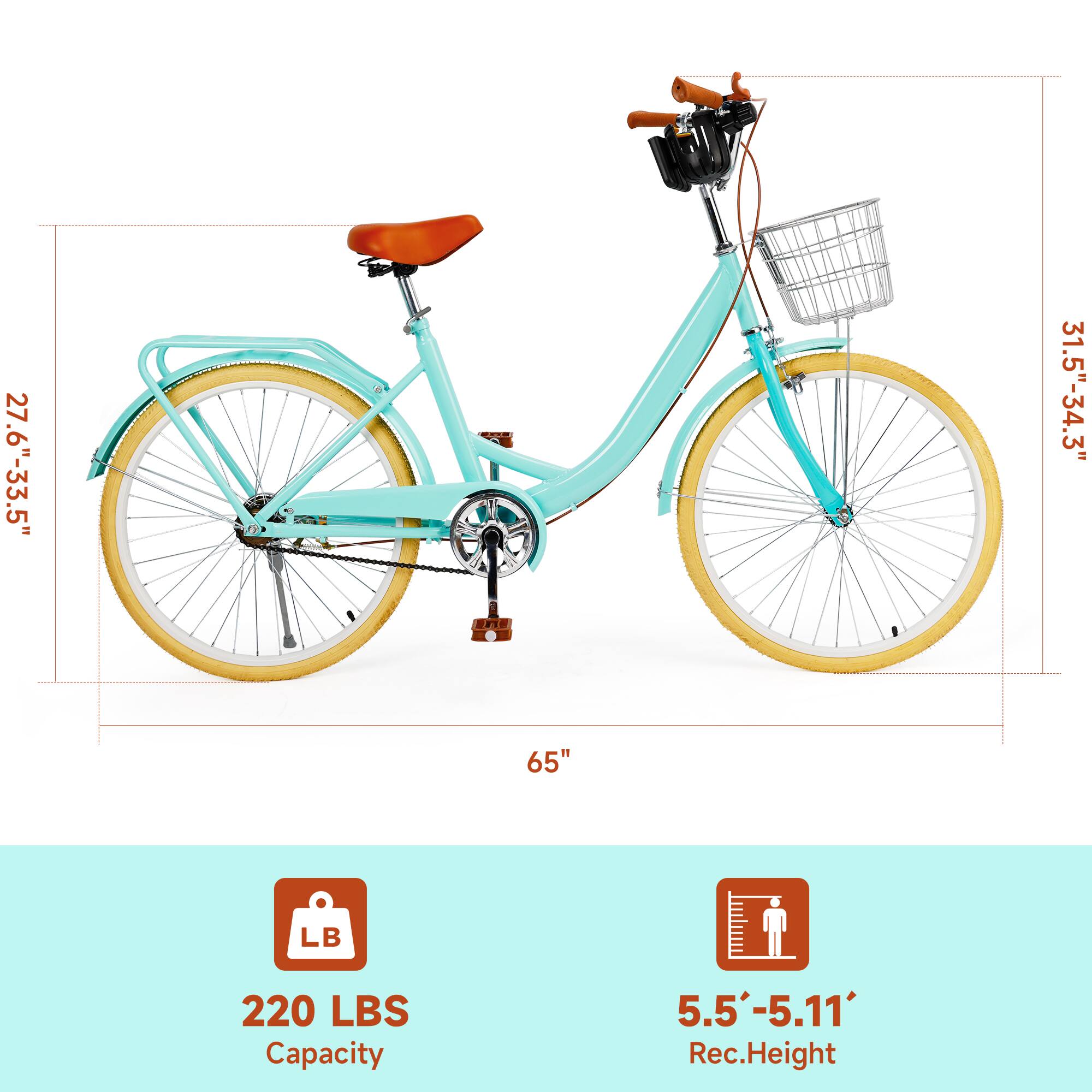 27.6"-33.5"  
31.5"-34.3"  
65"  
220 LBS Capacity  
5.5'-5.11" Rec.Height