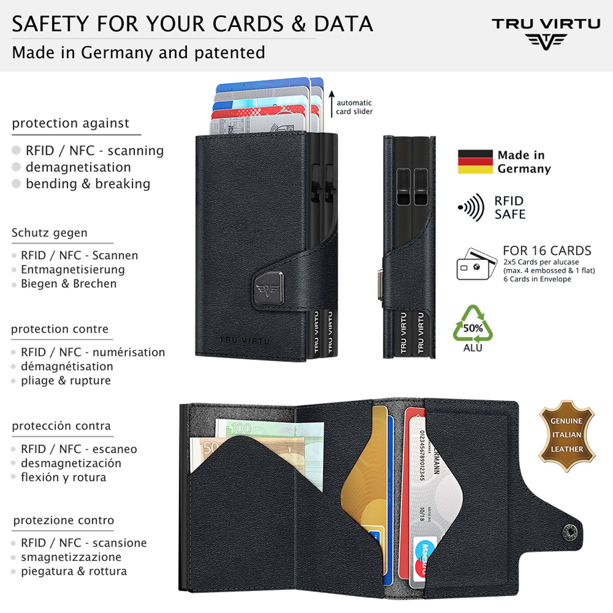 SAFETY FOR YOUR CARDS & DATA  
Made in Germany and patented

TRU VIRTU

protection against  
automatic card slider  
RFID / scanning demagnetisation bending & breaking

Schutz gegen  
RFID / NFC - Scannen  
Entmagnetisierung  
Biegen & Brechen

protection contre  
RFID / NFC - numérisation  
démagnétisation  
pliage & rupture

protección contra  
RFID / NFC - escaneo  
desmagnetización  
flexión y rotura

protezione contro  
RFID / NFC - scansione  
smagnetizzazione  
piegatura & rottura

VIRTU TRU

VIRTU TRU

VIRTU TRU 0123456789012345 10/18 BILLING Maestro.

RMANN

Made in Germany RFID SAFE FOR 16 CARDS  
2x5 Cards per alucase (max. 4 embossed & 1 flat)  
6 Cards in Envelope  
50% ALU  
GENUINE ITALIAN LEATHER