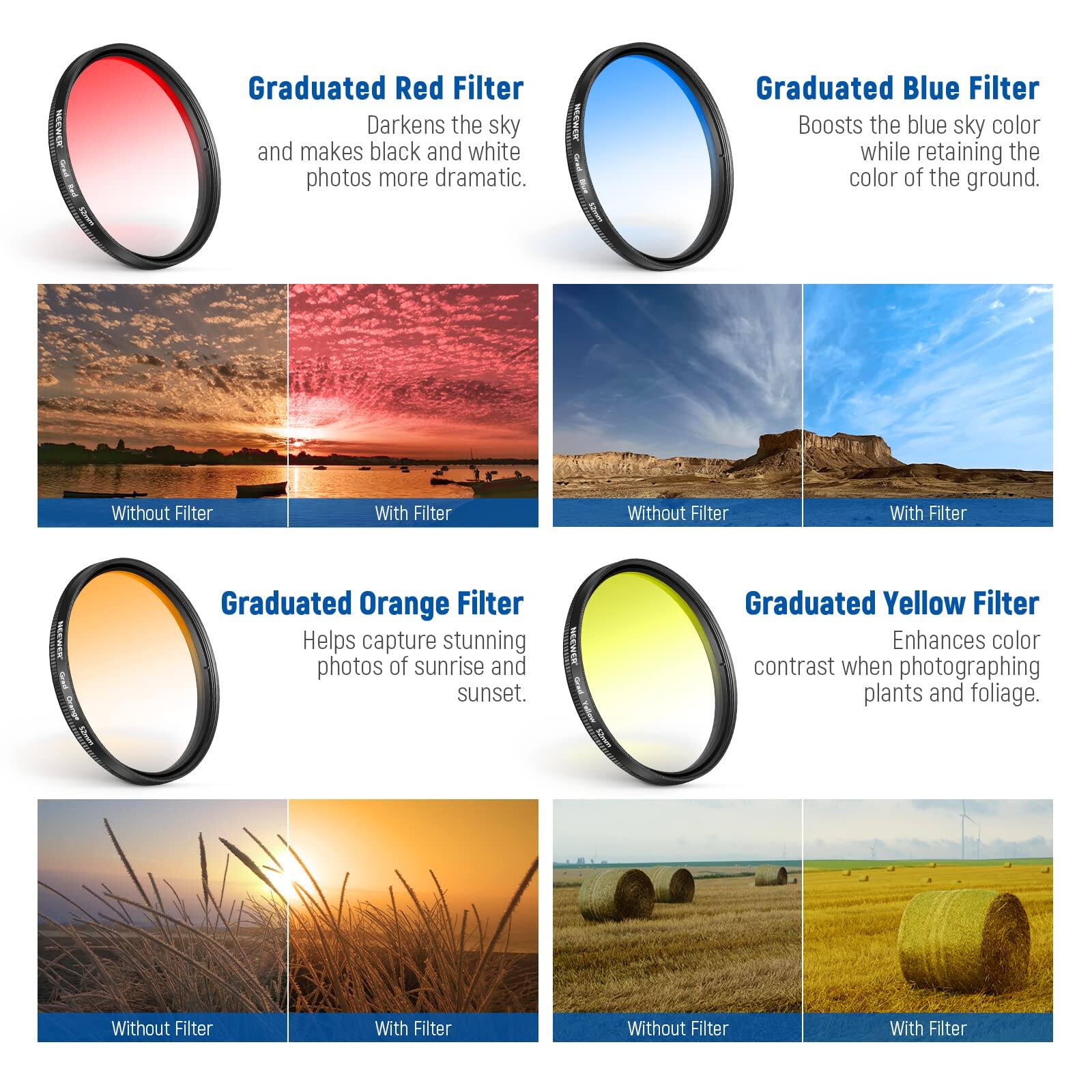 Sure, here is the corrected and grouped text:

---

**Graduated Red Filter**  
Darkens the sky and makes black and white photos more dramatic.  
Without Filter | With Filter

**Graduated Blue Filter**  
Boosts the blue sky color while retaining the color of the ground.  
Without Filter | With Filter

**Graduated Orange Filter**  
Helps capture stunning photos of sunrise and sunset.  
Without Filter | With Filter

**Graduated Yellow Filter**  
Enhances color contrast when photographing plants and foliage.  
Without Filter | With Filter

---