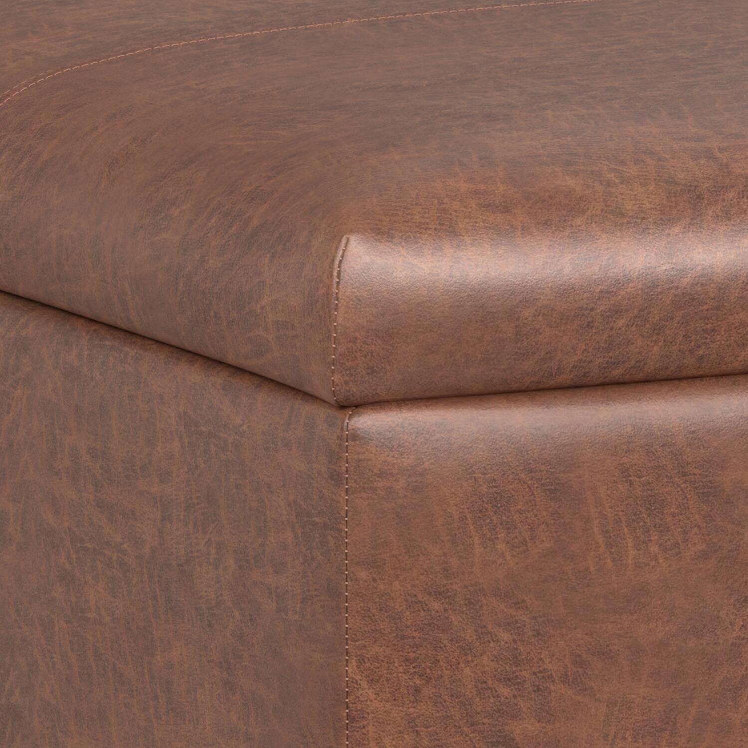 Alt View 8. Simpli Home - Gabbie 36 inch Wide Square Coffee Table Storage Ottoman in Distressed Saddle Brown Vegan Leather - Distressed Saddle Brown.