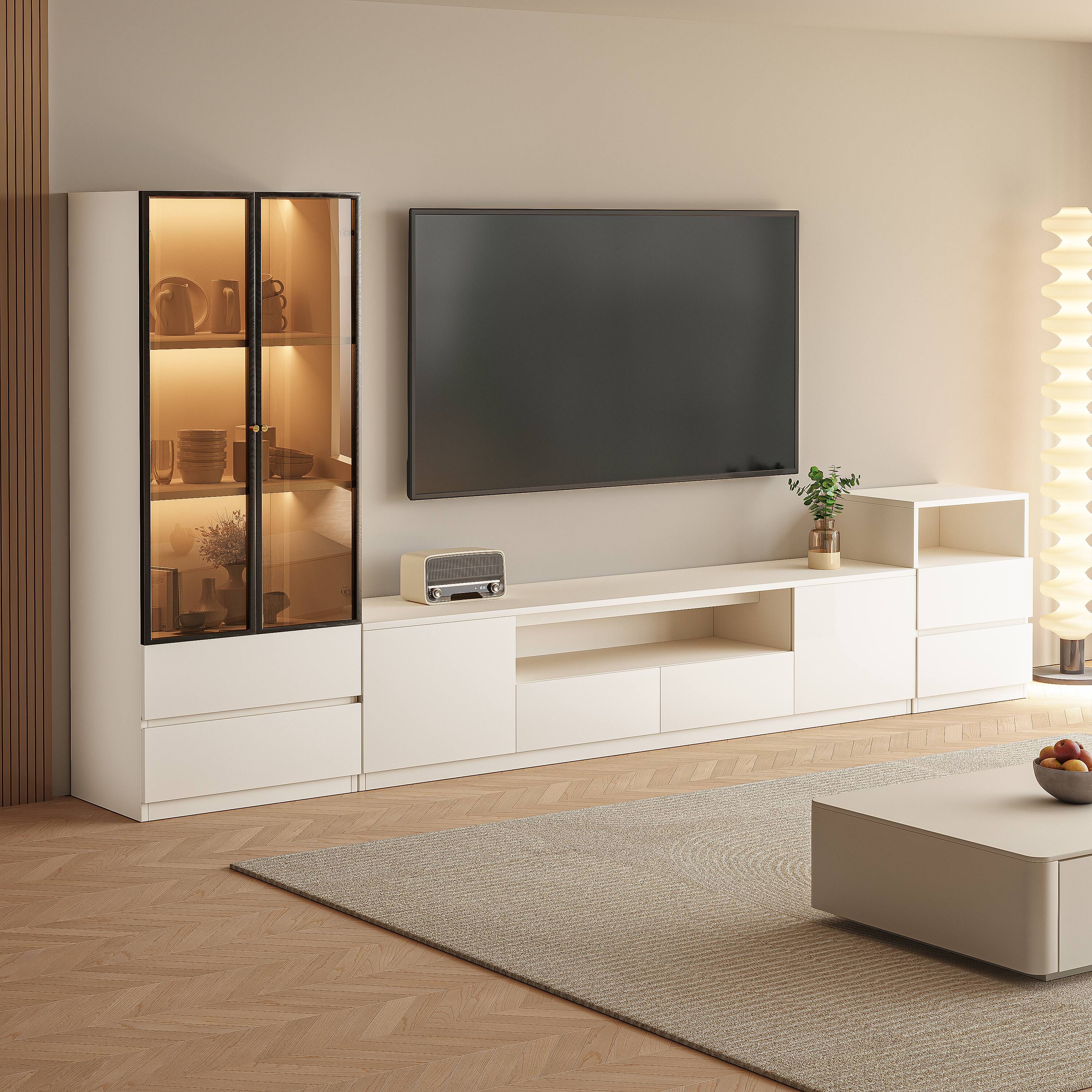 Alt View 1. MSOOB - White 3 Pieces Entertainment Center Set Includes TV Stands, Lighted Glass Display Cabinet And Drawers Cabinet - White.