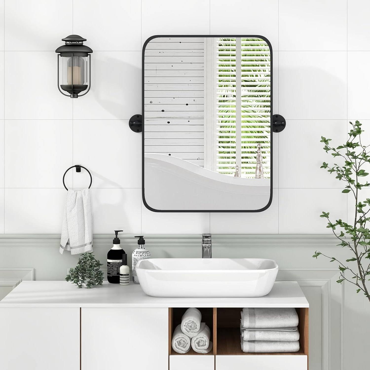 Angle. Hivvago - 30 x 22 inch Bathroom Wall Mirror with Easy Tilt Pivot and Black Frame - Black.