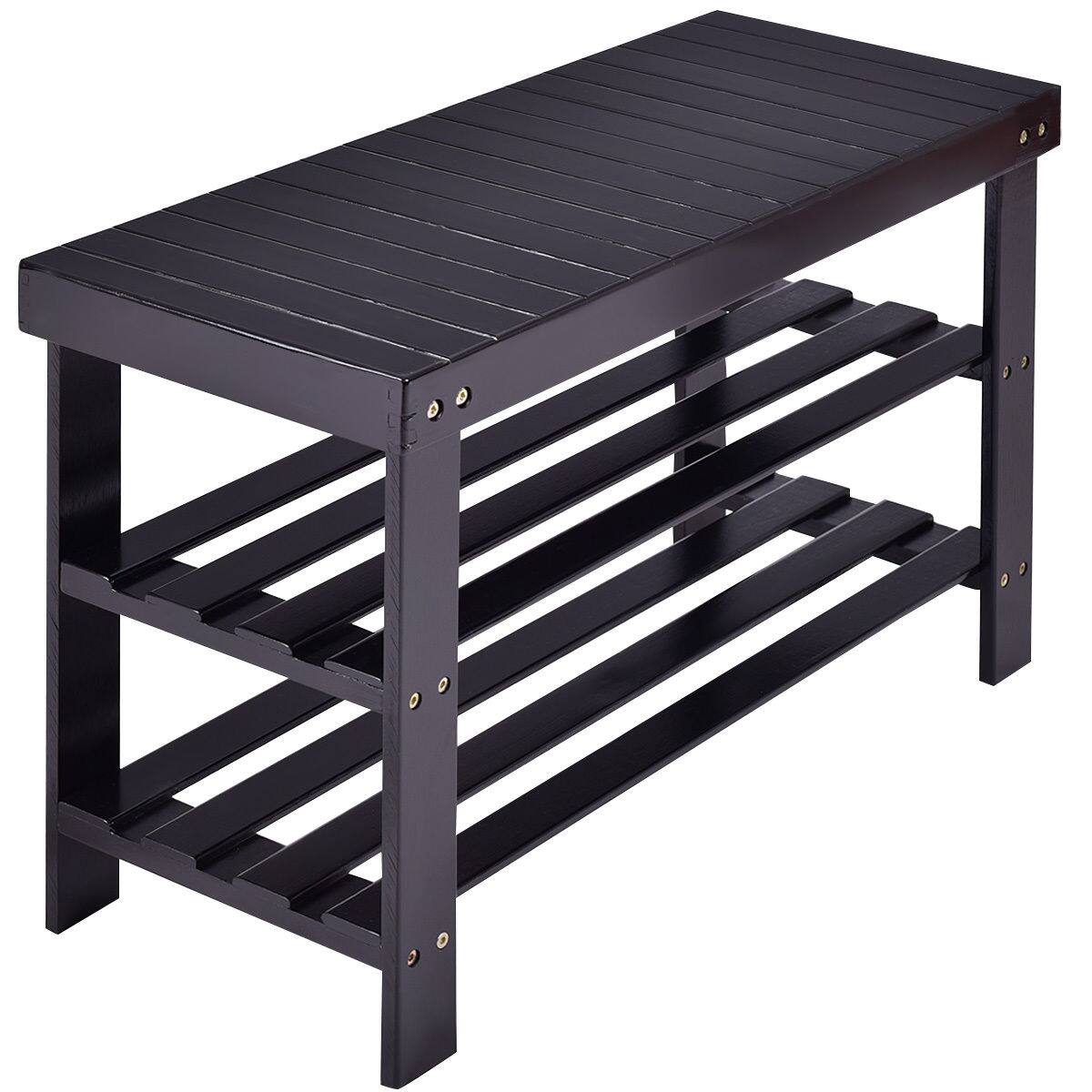 Alt View 18. Costway - 3 Tier Bamboo Shoe Rack Bench Storage Shelf Organizer Entryway Home Furni Black - Black.