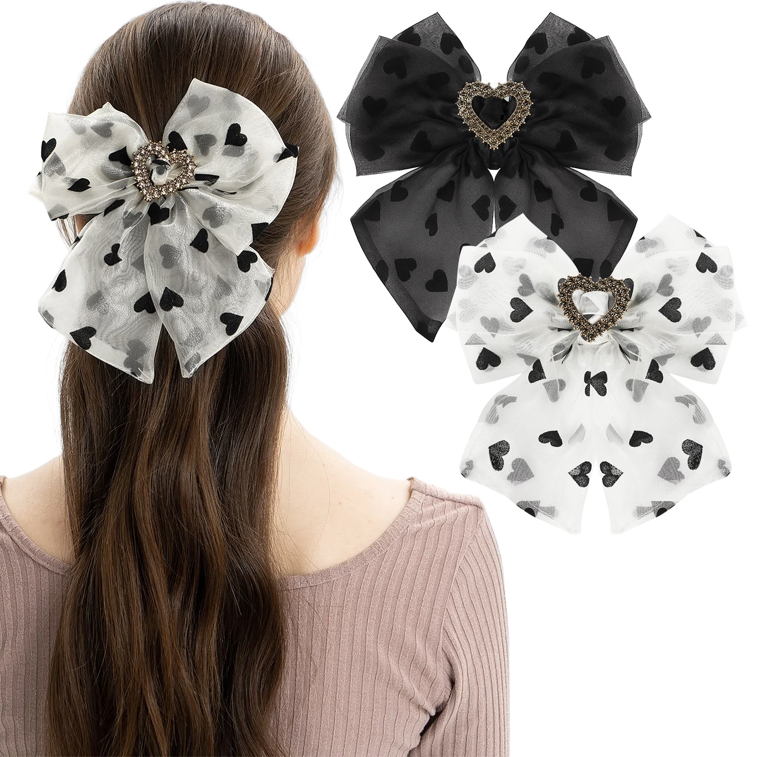 Mber - 2 Pack Hair Clip Barrettes Lace Hair Bows, White Bow Black Bow Hair Clip, Heart Rhinestones Ribbon Hair Bow for School - White|Black