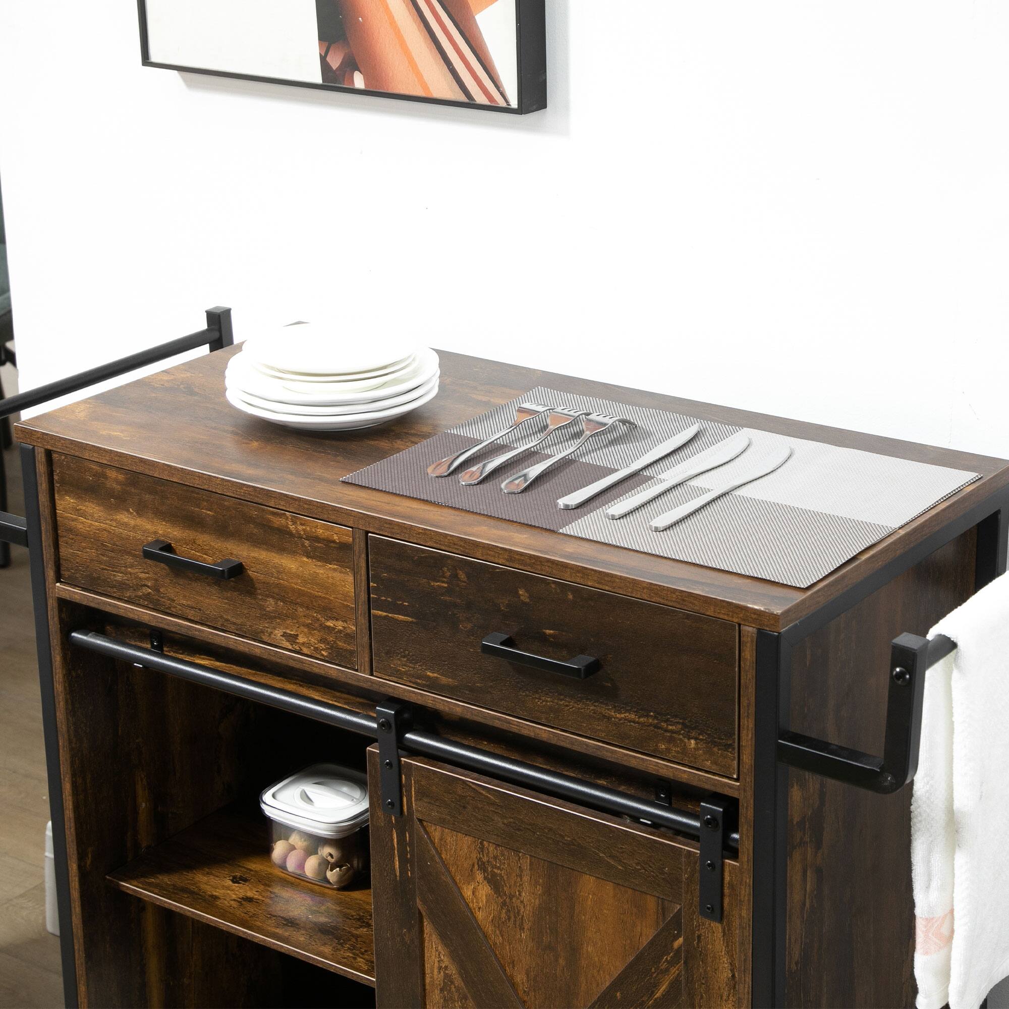 Alt View 4. Homcom - Industrial Kitchen Cart, Rolling Kitchen Island with Adjustable Shelf, Two Drawers, Sliding Barn Door Cabinet - Rustic Brown.