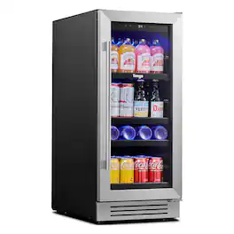 Yeego - 15 Inch Beverage Refrigerator Cooler, 100-Can Soda & Beer Drink Cooler, Built-in or Freestanding for Home or Office - Stainless Steel