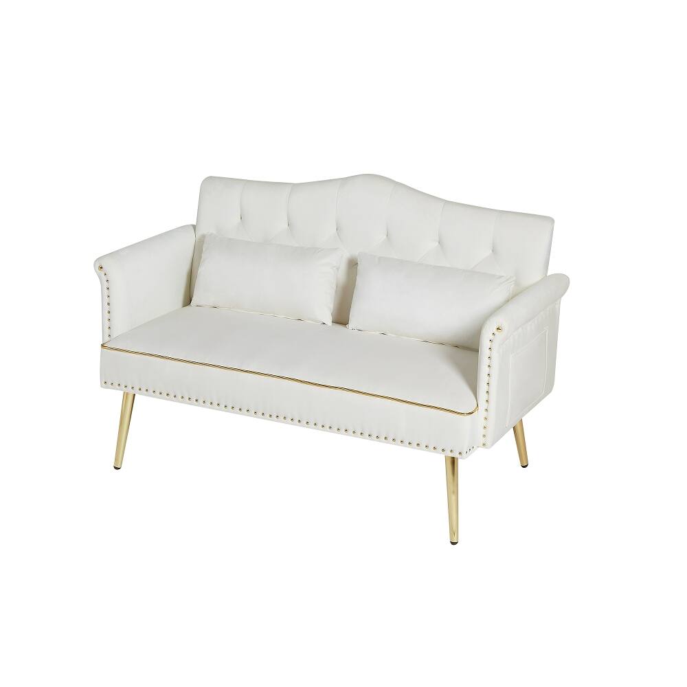 Alt View 2. Loheer - Loheer Cream White 2 Seater Sofa Tufted Velvet Loveseat with Gold Metal Legs Small Apartment Couch - Cream White.