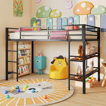 Front. Costway - Costway Twin Size Low Loft Bed with Storage Shelves Ladder Full-length Guardrails - Black.