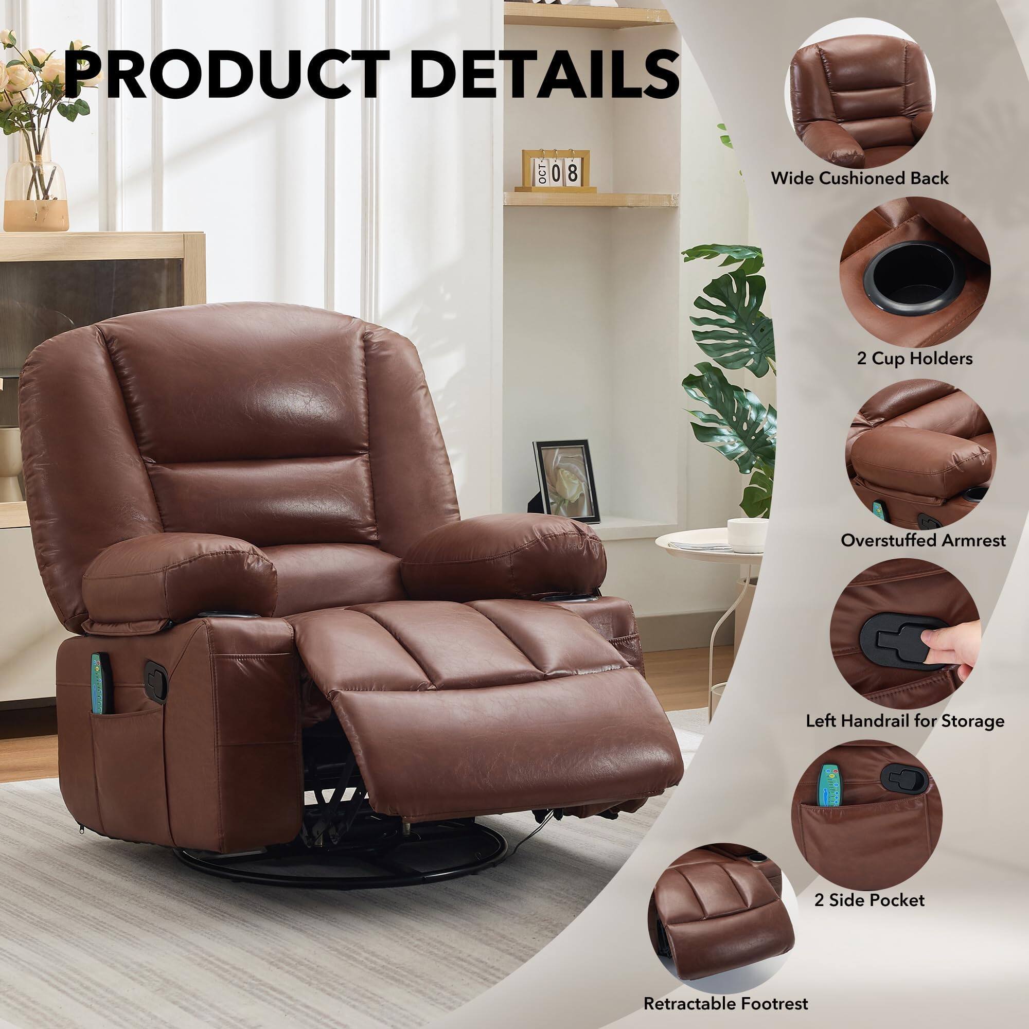 PRODUCT DETAILS

- Wide Cushioned Back
- 2 Cup Holders
- Overstuffed Armrest
- Left Handrail for Storage
- 2 Side Pocket
- Retractable Footrest