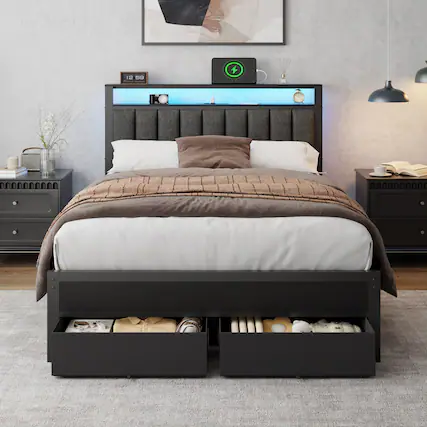 Front. Furnulem - Bed Frame with Charging Station LED Lights Storage Drawers Upholstered Headboard Metal Support No Box Spring Needed - Black.