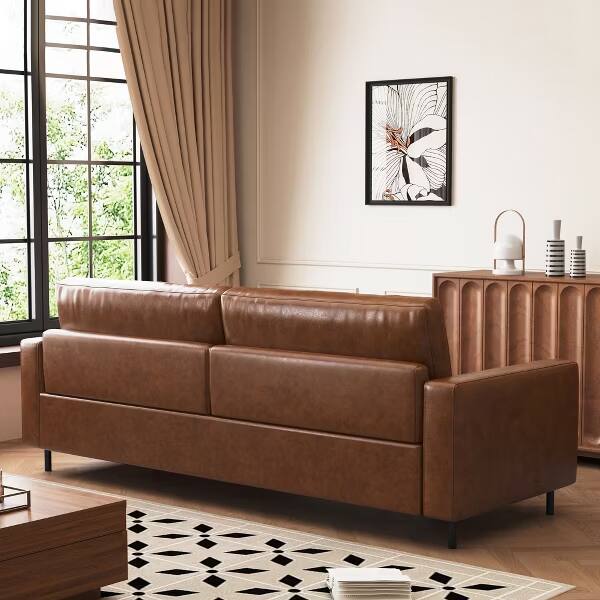 Alt View 7. luck idea - 80.31" Mid-Century 3-Seater Faux Leather Sofa, Waterproof Brown PU Couch with 2 Bolster Pillows for Living Room Office - Brown.