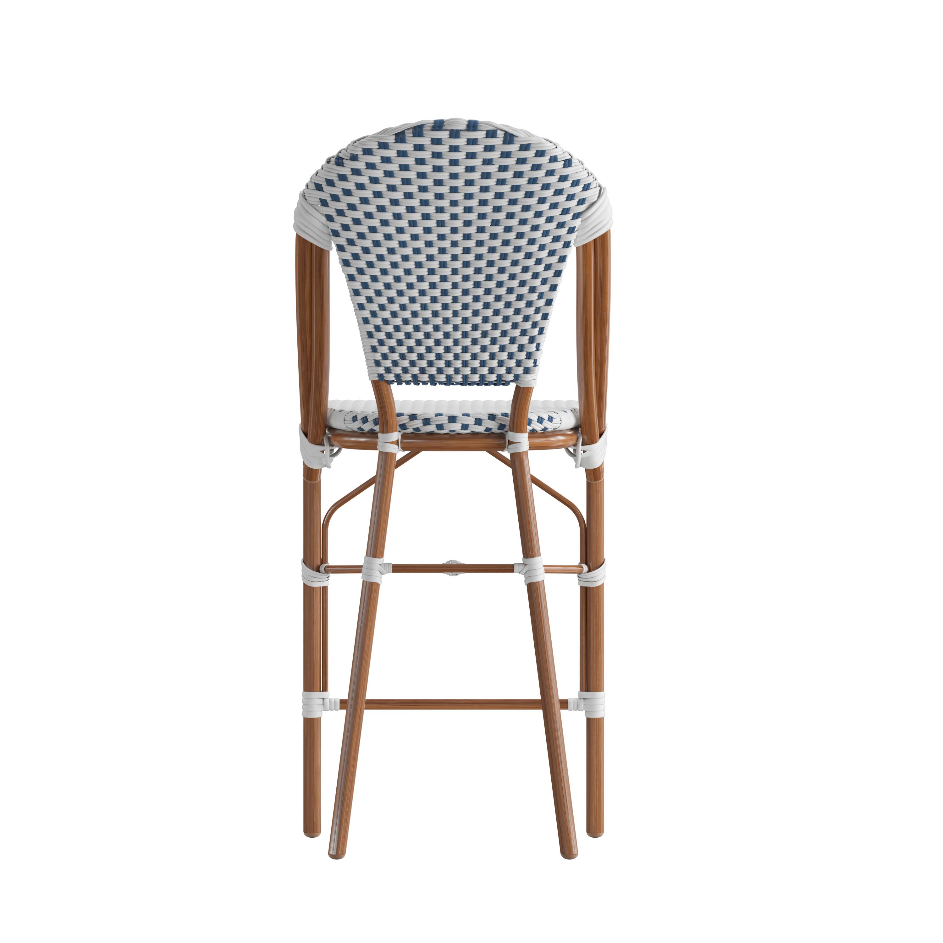 Alt View 8. Emma + Oliver - Colmar Set of Two Indoor/Outdoor 26" High Stacking Bistro Counter Stools with Patterned Seat and Back and Metal Frames - White & Navy/Natural Frame.