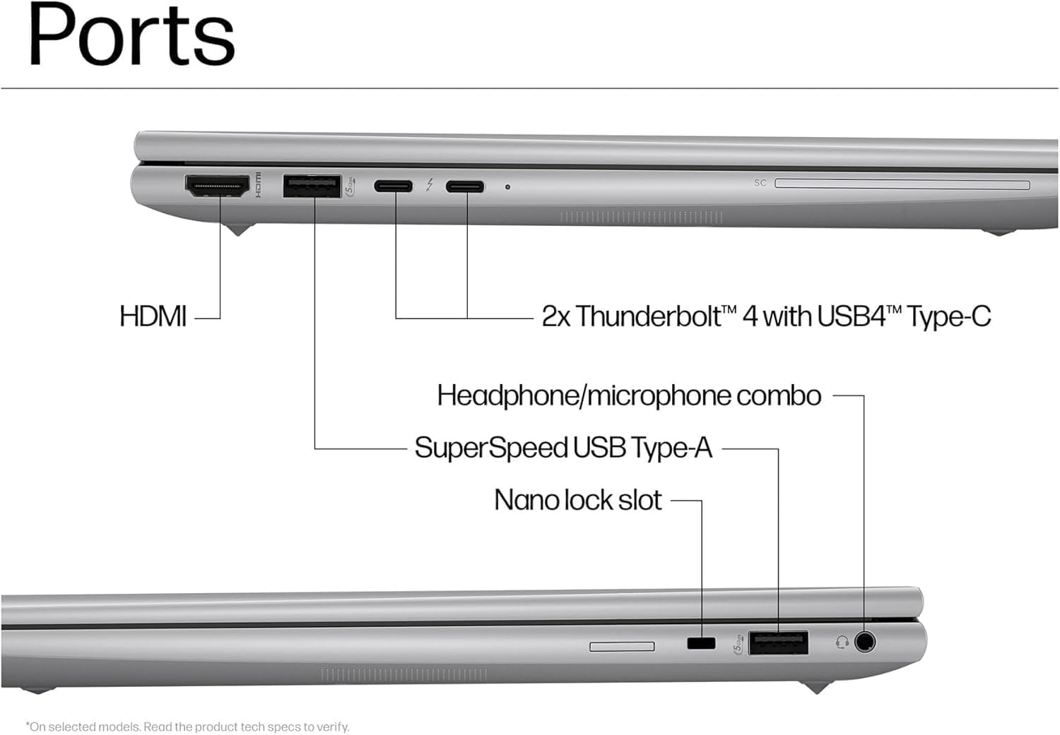 Ports

- HDMI
- 2x Thunderbolt™ 4 with USB4™ Type-C
- Headphone/microphone combo
- SuperSpeed USB Type-A
- Nano lock slot

*On selected models. Read the product tech specs to verify.