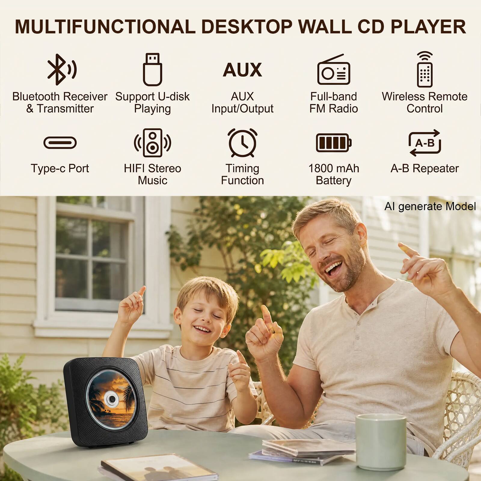 MULTIFUNCTIONAL DESKTOP WALL CD PLAYER

- Bluetooth Receiver & Transmitter
- Support U-disk Playing
- AUX Input/Output
- Full-band FM Radio
- Wireless Remote Control
- Type-c Port
- HIFI Stereo Music
- Timing Function
- 1800 mAh Battery
- A-B Repeater
- AI generate Model