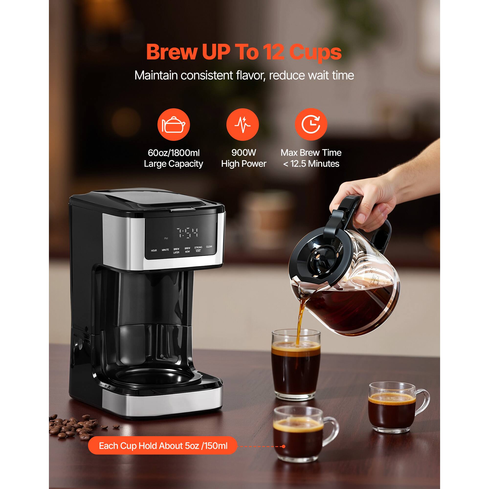 Brew UP To 12 Cups  
Maintain consistent flavor, reduce wait time  

- 60oz/1800ml Large Capacity  
- 900W High Power  
- Max Brew Time < 12.5 Minutes  

Each Cup Hold About 5oz /150ml