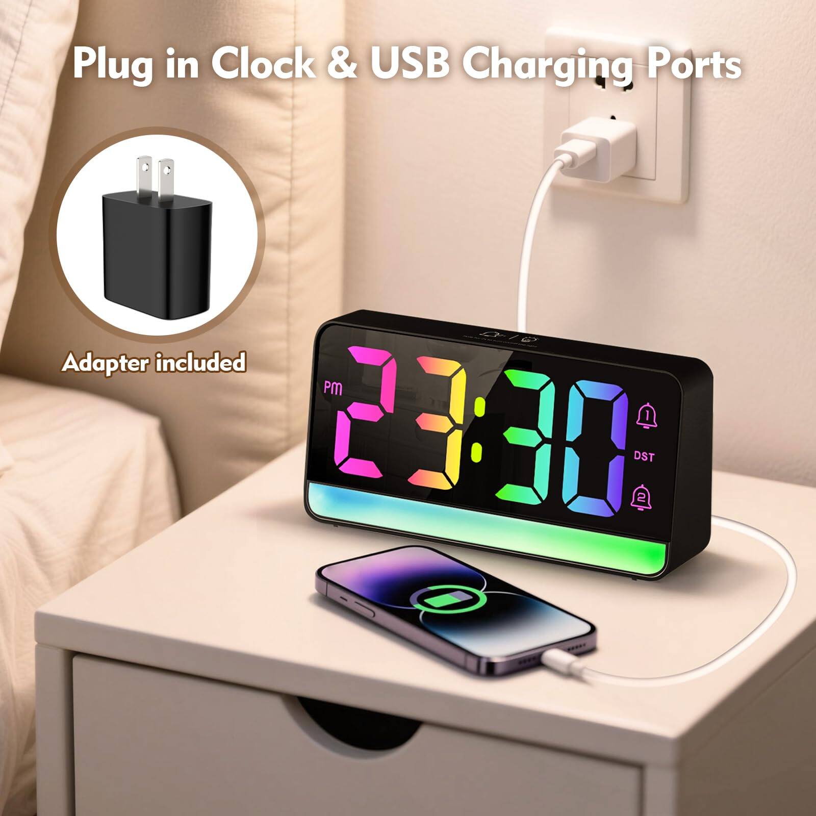 Plug in Clock & USB Charging Ports  
Adapter included  
PM 1 23:30 DST