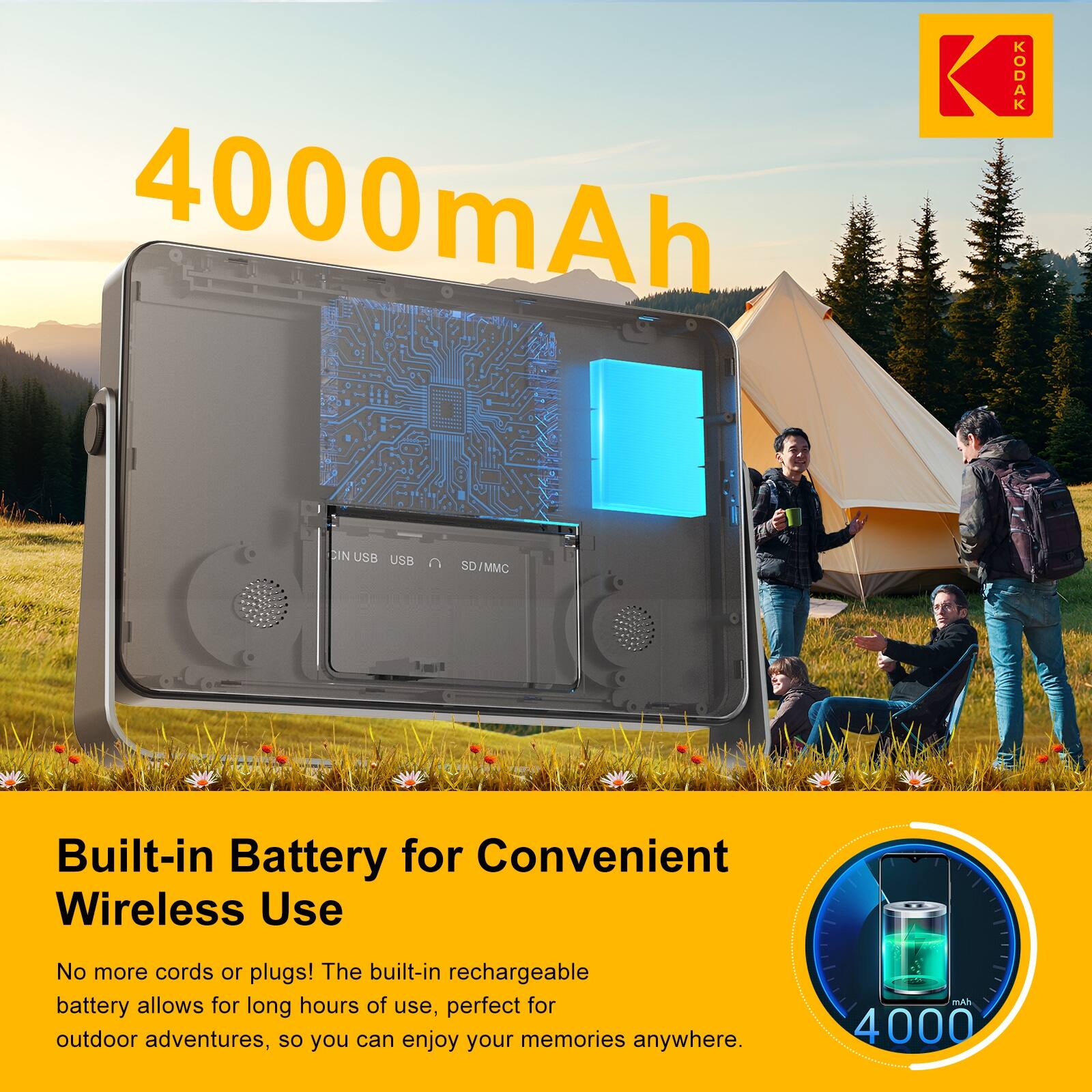4000mAh ODAK CIN USB US8 SD /MMC Built-in Battery for Convenient Wireless Use  
No more cords or plugs! The built-in rechargeable battery allows for long hours of use, perfect for outdoor adventures, so you can enjoy your memories anywhere.  

4000mAh