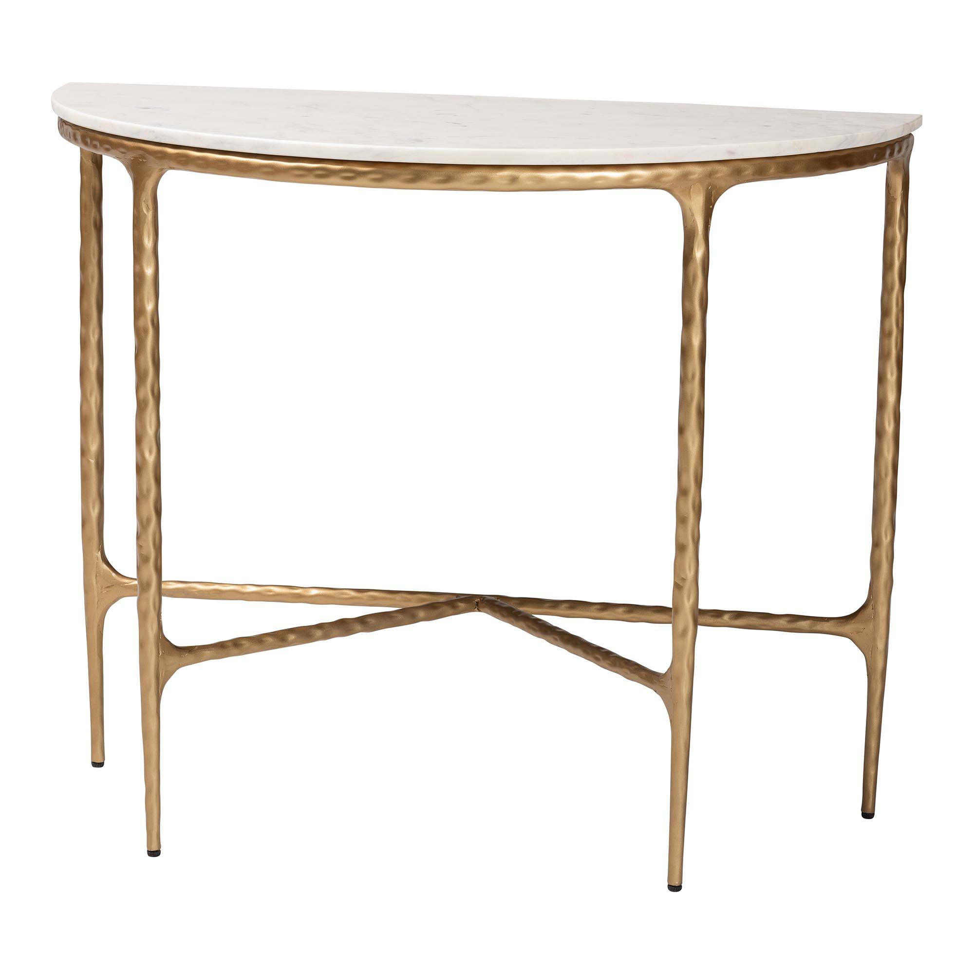 Front. Baxton Studio - Akanji Marble Console Table - Modern Rustic Accent Table with Hand-Forged Metal Frame and Half-Moon Tabletop - Marble White/Gold.