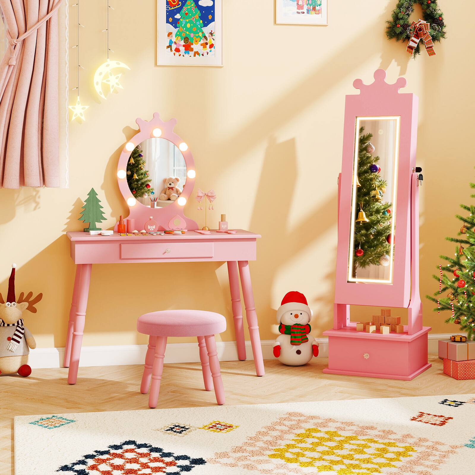 Alt View 3. Gymax - Gymax Kids Jewelry Armoire w/3-Color Lighted Full Length Mirror & Inside Led Lights Pink - Pink.