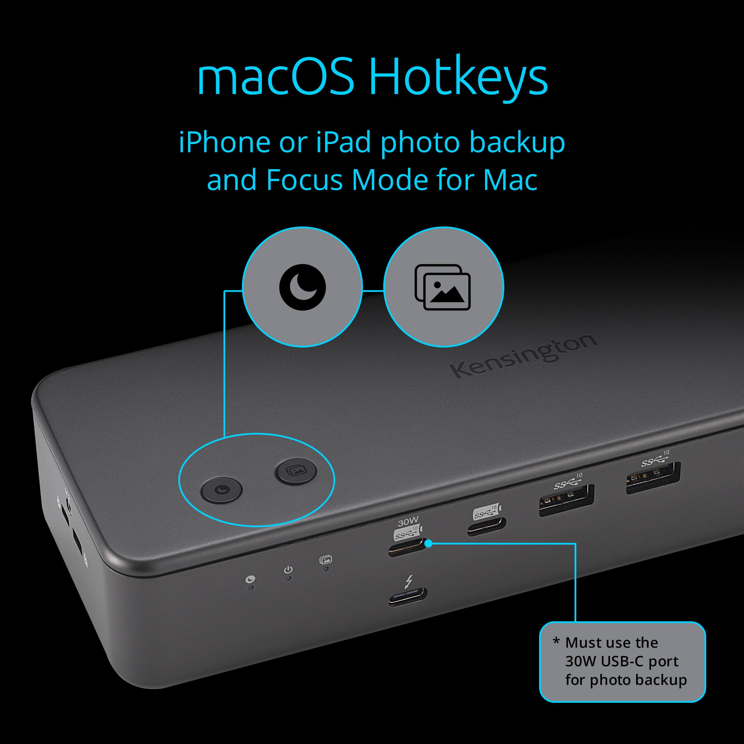 macOS Hotkeys  
iPhone or iPad photo backup and Focus Mode for Mac  

* Must use the 30W USB-C port for photo backup