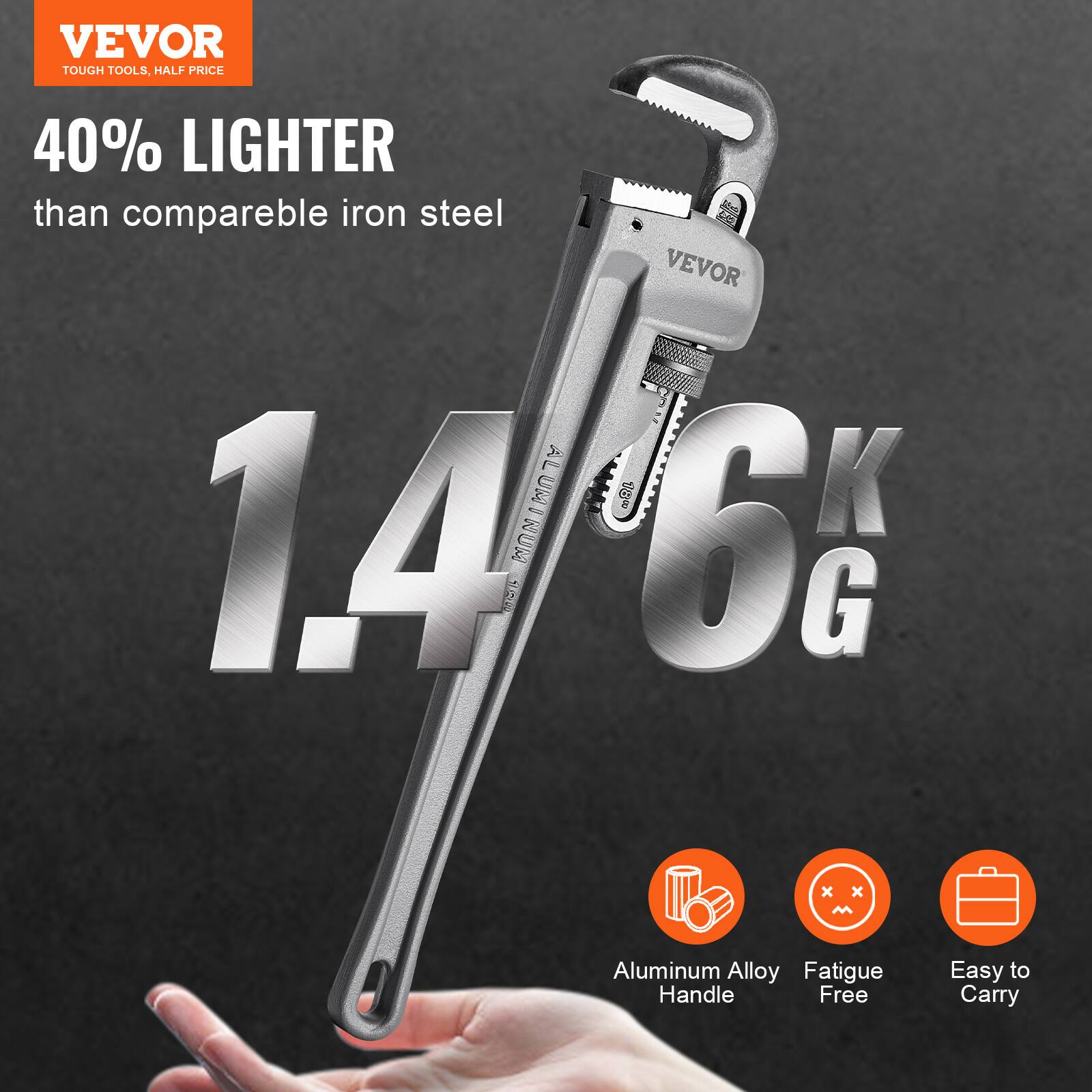 VEVOR  
TOUGH TOOLS, HALF PRICE  

40% LIGHTER  
than comparable iron steel  

1.4 KG  

Aluminum Alloy Handle  
Fatigue Free  
Easy to Carry