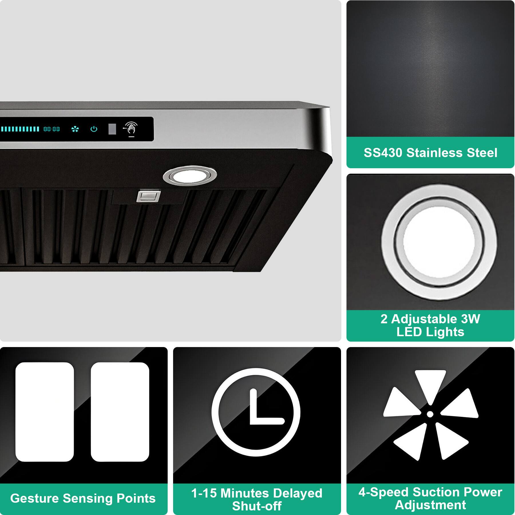 SS430 Stainless Steel  
2 Adjustable 3W LED Lights  
Gesture Sensing Points  
1-15 Minutes Delayed Shut-off  
4-Speed Suction Power Adjustment