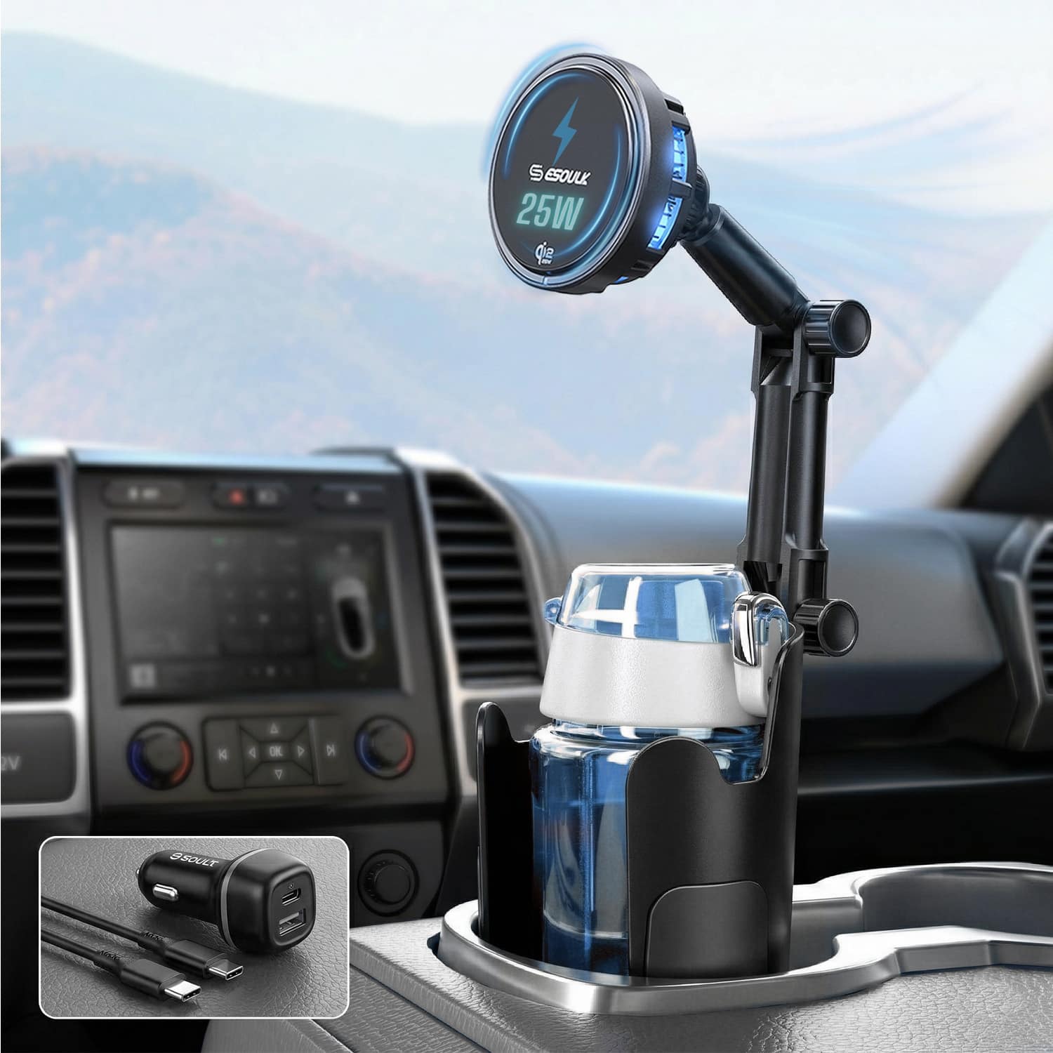 Esoulk - iPhone 17 Pro Max Magnetic Wireless Charger For Cup Holder Mount, 25W Qi2 Fast Charging MagSafe Compatible - Black