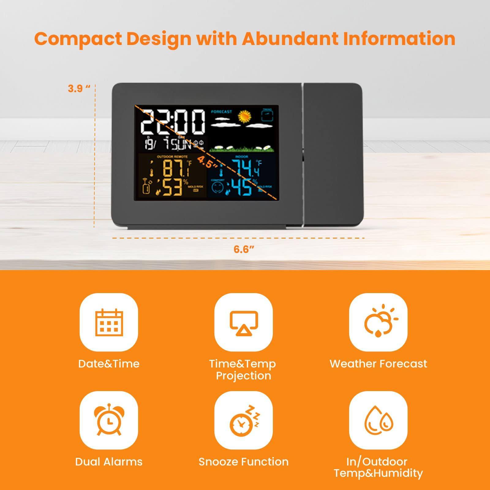 Compact Design with Abundant Information

- 3.9" 
- 6.6"

Features:
- Date & Time
- Time & Temp Projection
- Weather Forecast
- Dual Alarms
- Snooze Function
- In/Outdoor Temp & Humidity