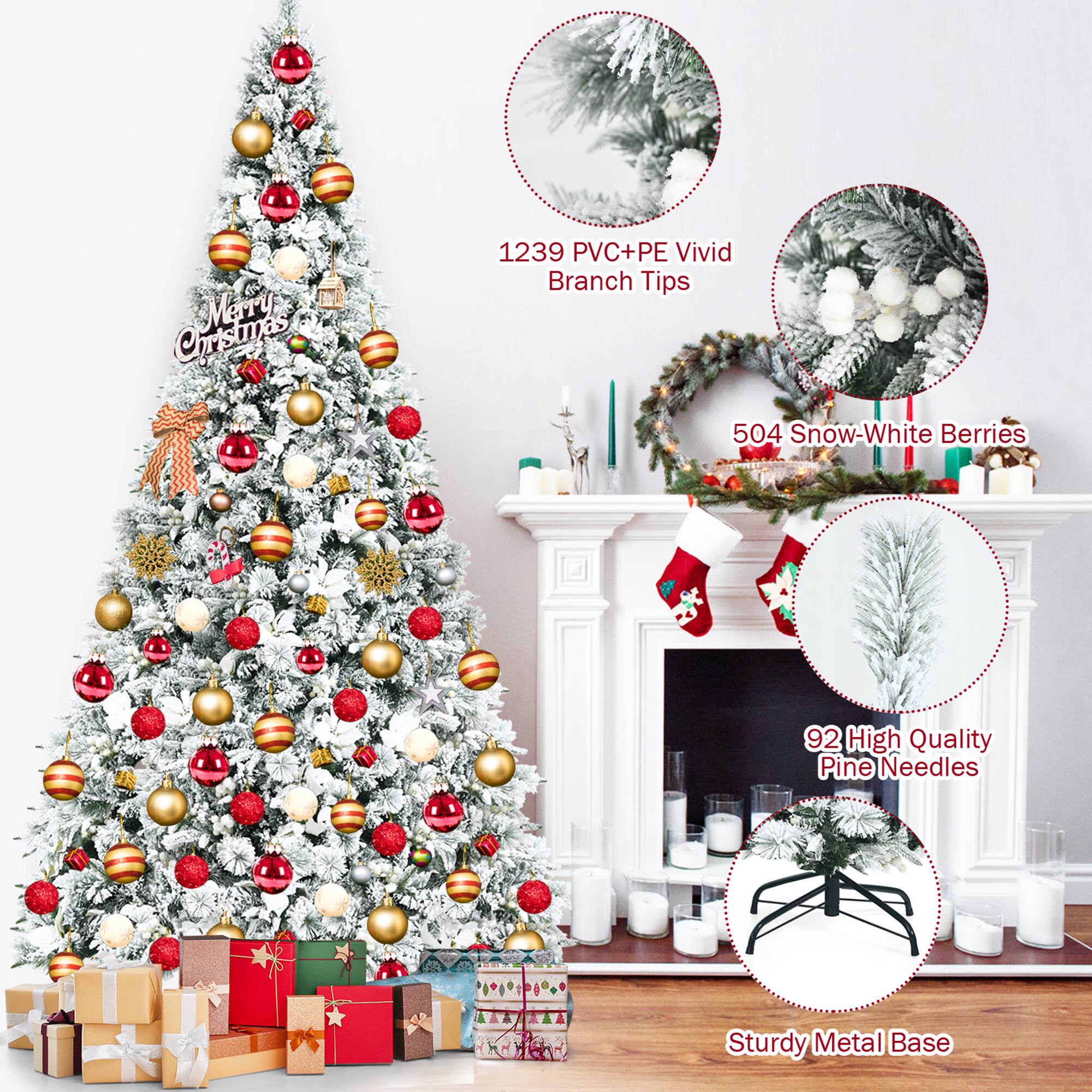 Merry Christmas

1239 PVC+PE Vivid Branch Tips

504 Snow-White Berries

92 High Quality Pine Needles

Sturdy Metal Base