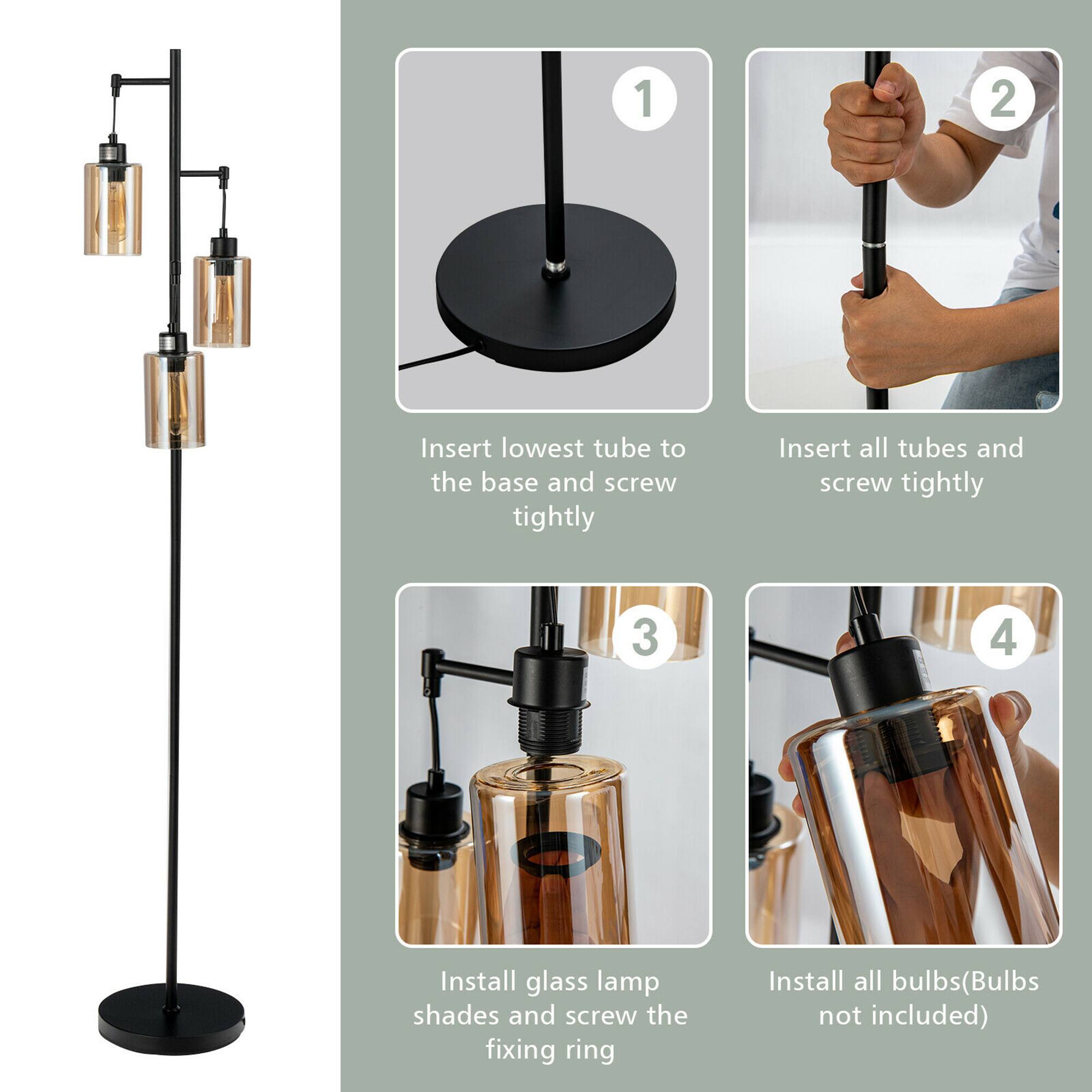 1. Insert lowest tube to the base and screw tightly

2. Insert all tubes and screw tightly

3. Install glass lamp shades and screw the fixing ring

4. Install all bulbs (Bulbs not included)