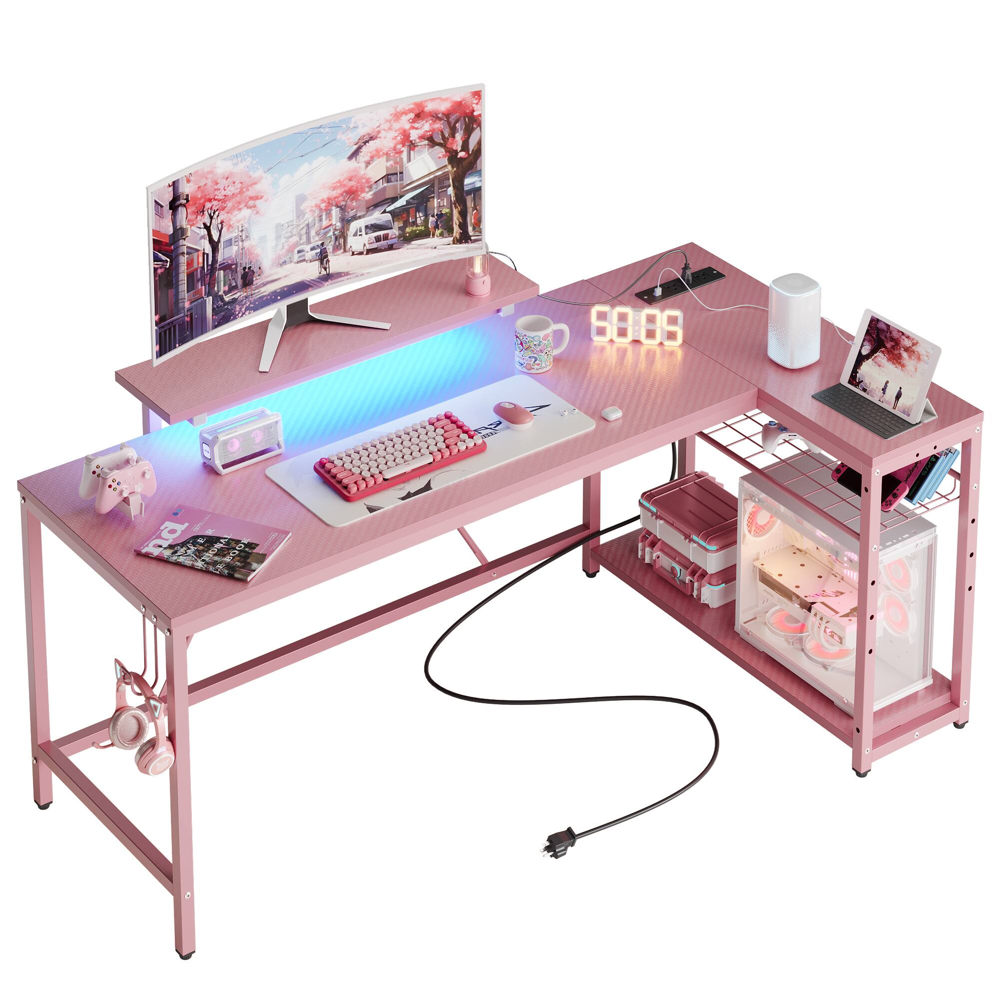 Alt View 14. Bestier - 58inch L-Shaped Gaming Desk with LED Lights with Power Outlet & Monitor Stand Corner - Pink.