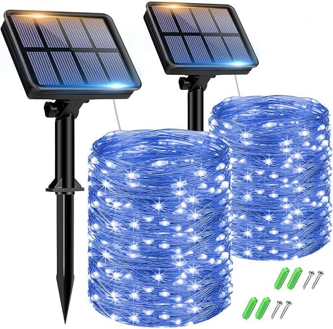 Front. Veranti - 2-Pack Solar Fairy String Lights, 110FT 300 LED, 8 Modes, High-Efficiency Solar Panel, Waterproof Copper Wire Lights.
