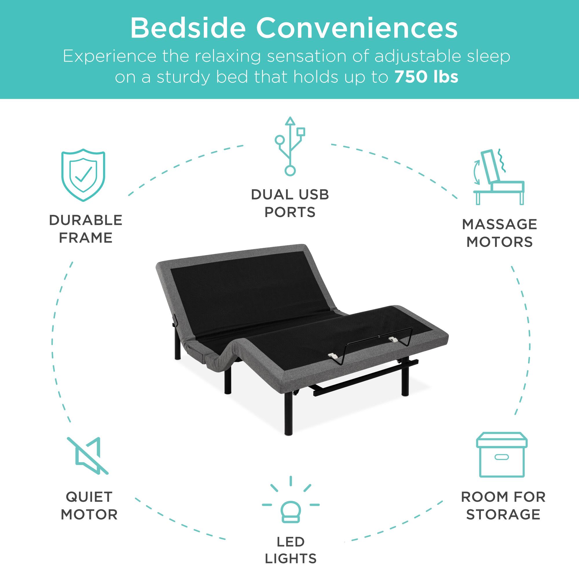 Bedside Conveniences

Experience the relaxing sensation of adjustable sleep on a sturdy bed that holds up to 750 lbs.

- DURABLE FRAME
- DUAL USB PORTS
- MASSAGE MOTORS
- QUIET MOTOR
- LED LIGHTS
- ROOM FOR STORAGE