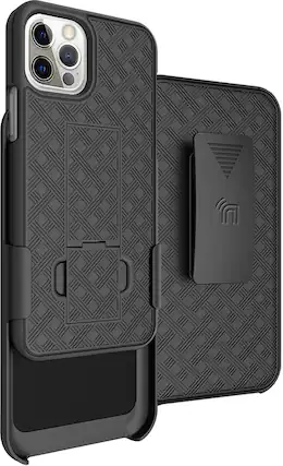 Front. Nakedcellphone - Slim Case with Stand and Belt Clip Holster for Apple iPhone 12 Pro Max - Black.