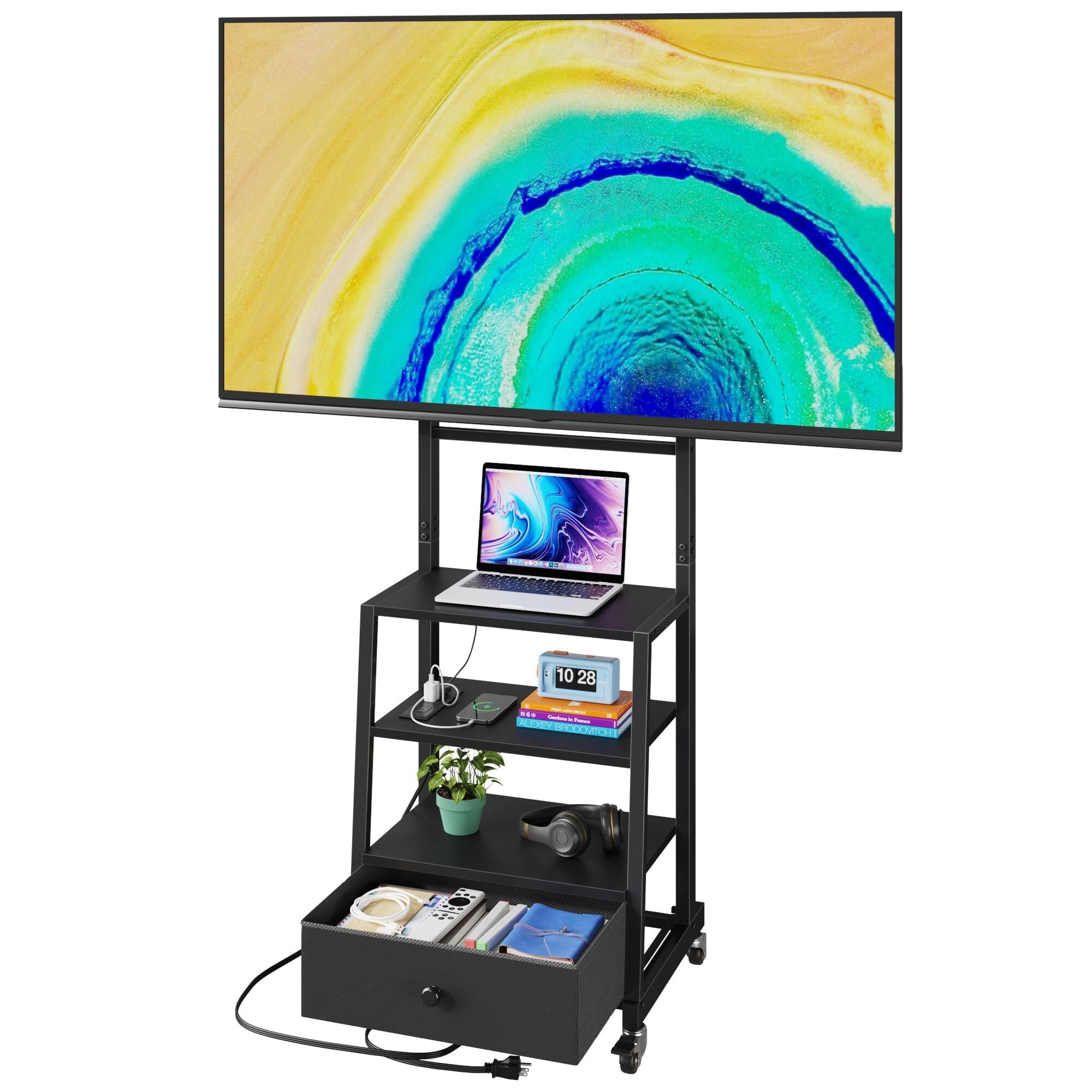 Refined Abode Design - Rolling Tv Stand With Wheels And Mount & Fabric Drawer Entertainment Center Power Outlet For Bedroom Living - Black 18"W (for 32-75" TV)