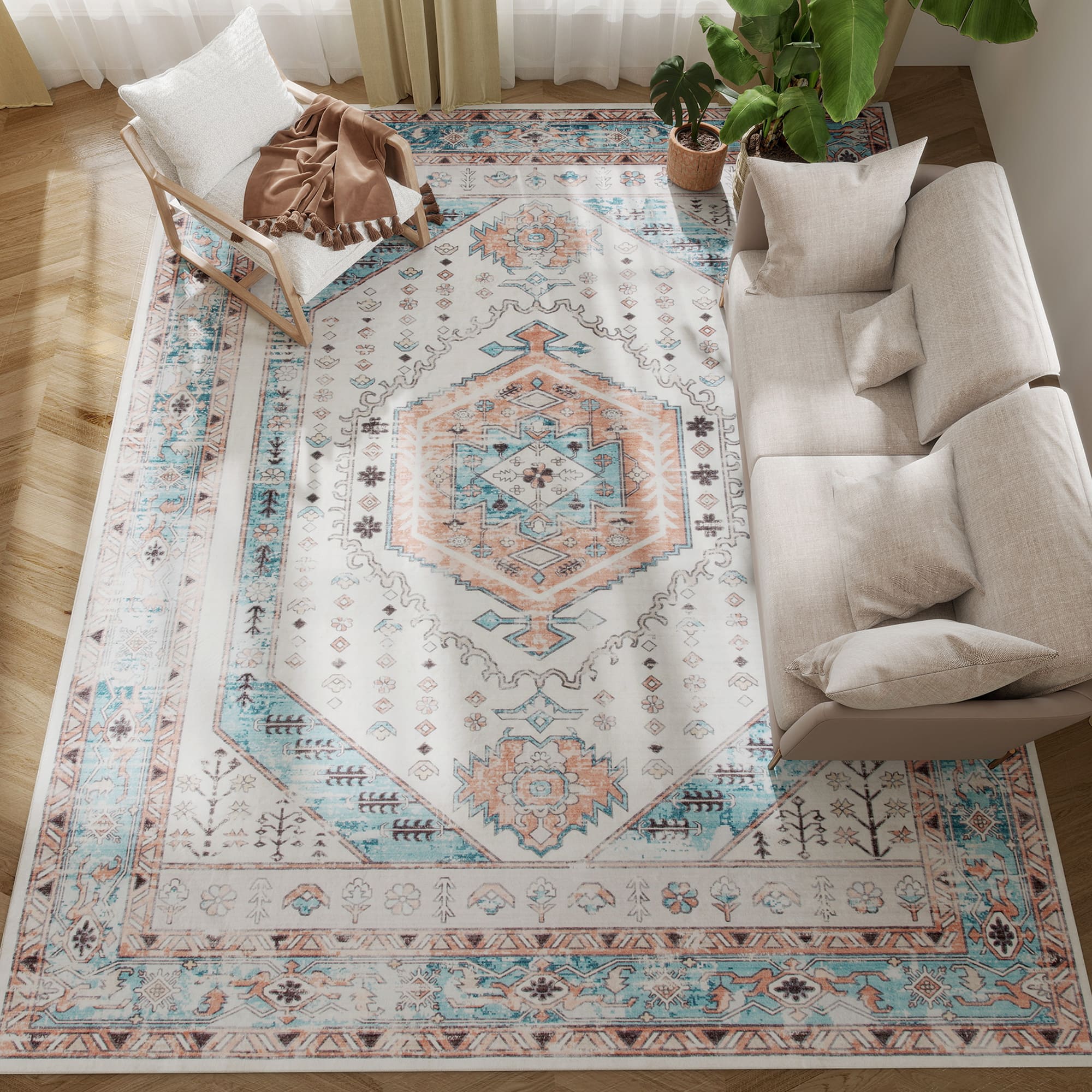 Homcom - 8x10 Distress Rug: Vintage Mach-Wash Non-Slip Carpet Blue, Indoor Boho Area High Traffic - Brown and Blue