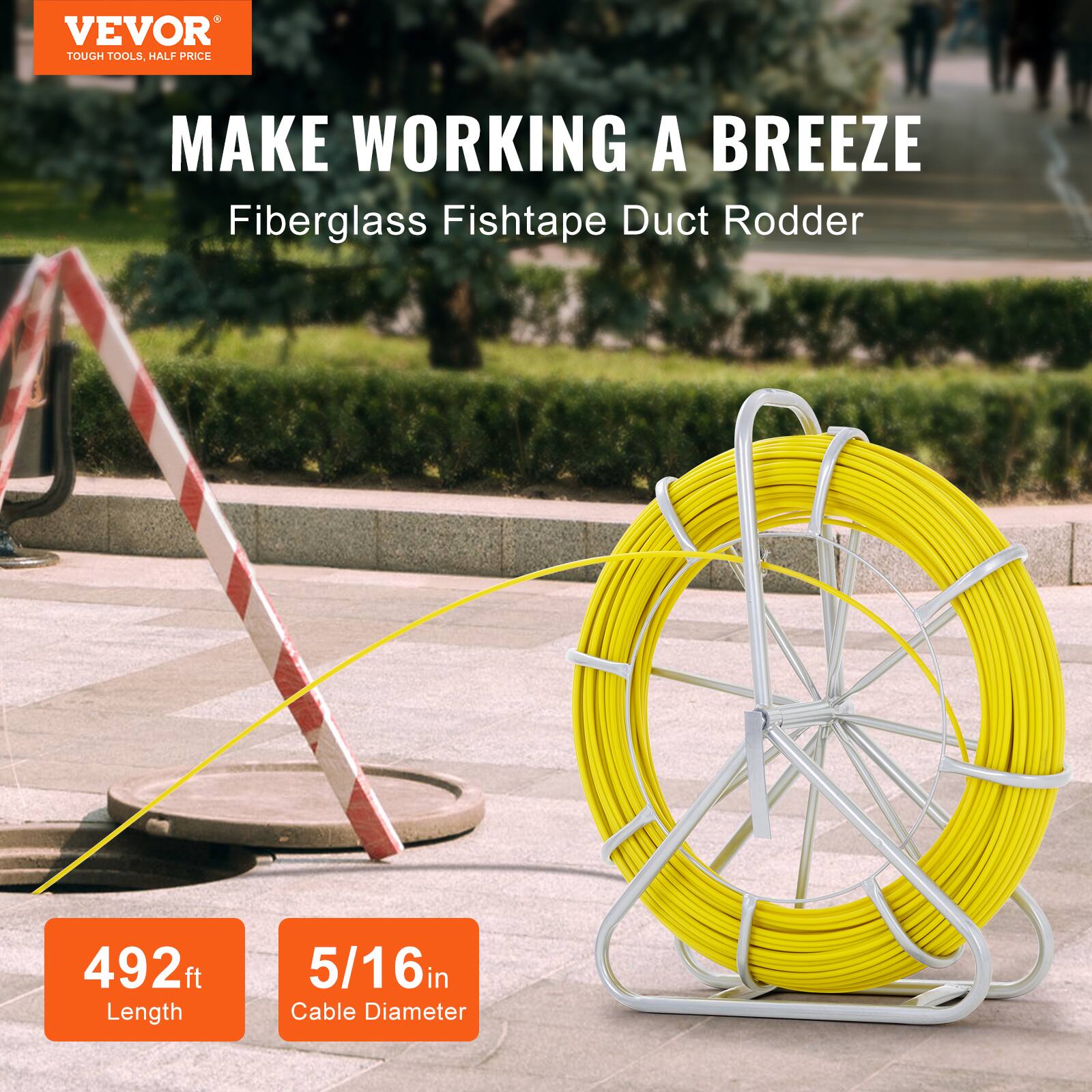 VEVOR  
TOUGH TOOLS, HALF PRICE  

MAKE WORKING A BREEZE  
Fiberglass Fishtape Duct Rodder  

492 ft Length  
5/16 in Cable Diameter