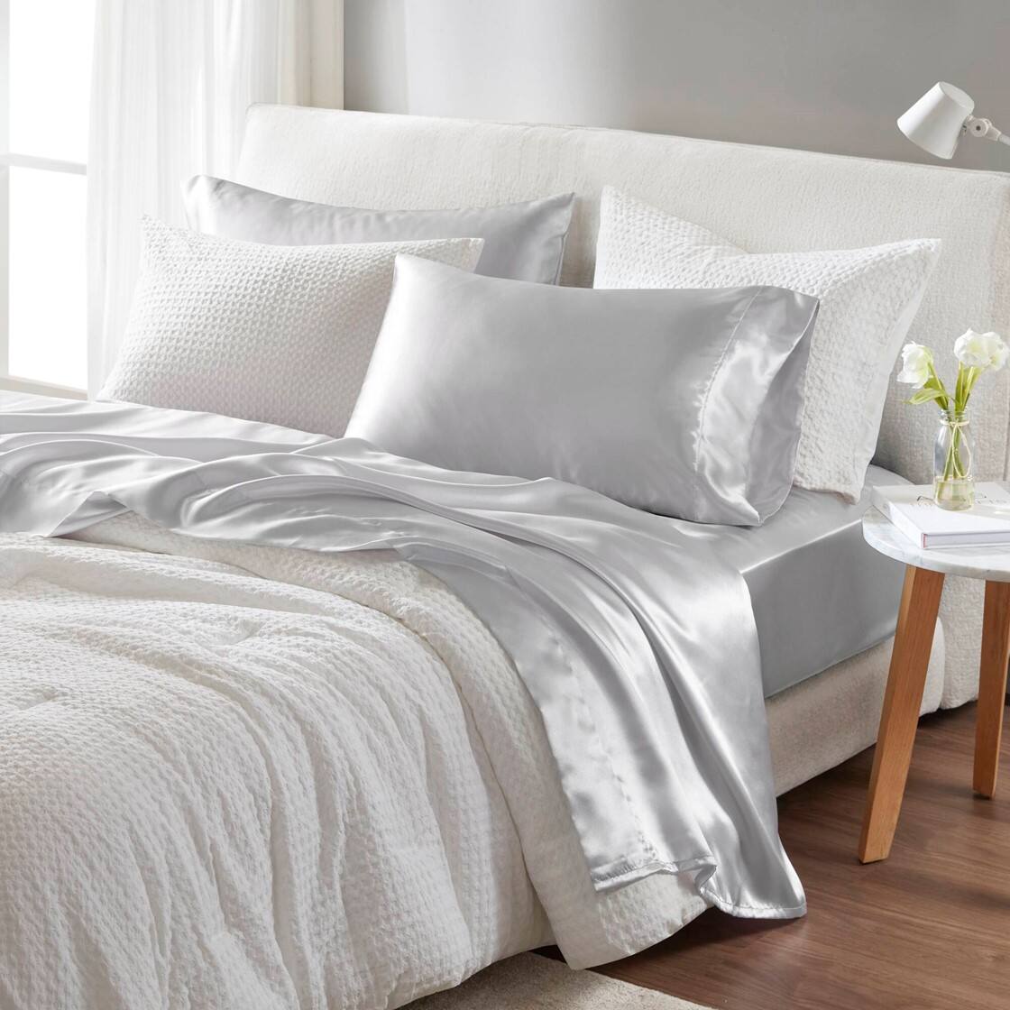 Alt View 2. Gracie Mills - Gracie Mills Coralie 6-Piece Wrinkle-free Satin Sheet Set - Light Grey.