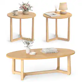 Costway - Nesting Coffee Table Set of 3 Oval Accent Table & Round Sofa Side Table - Natural