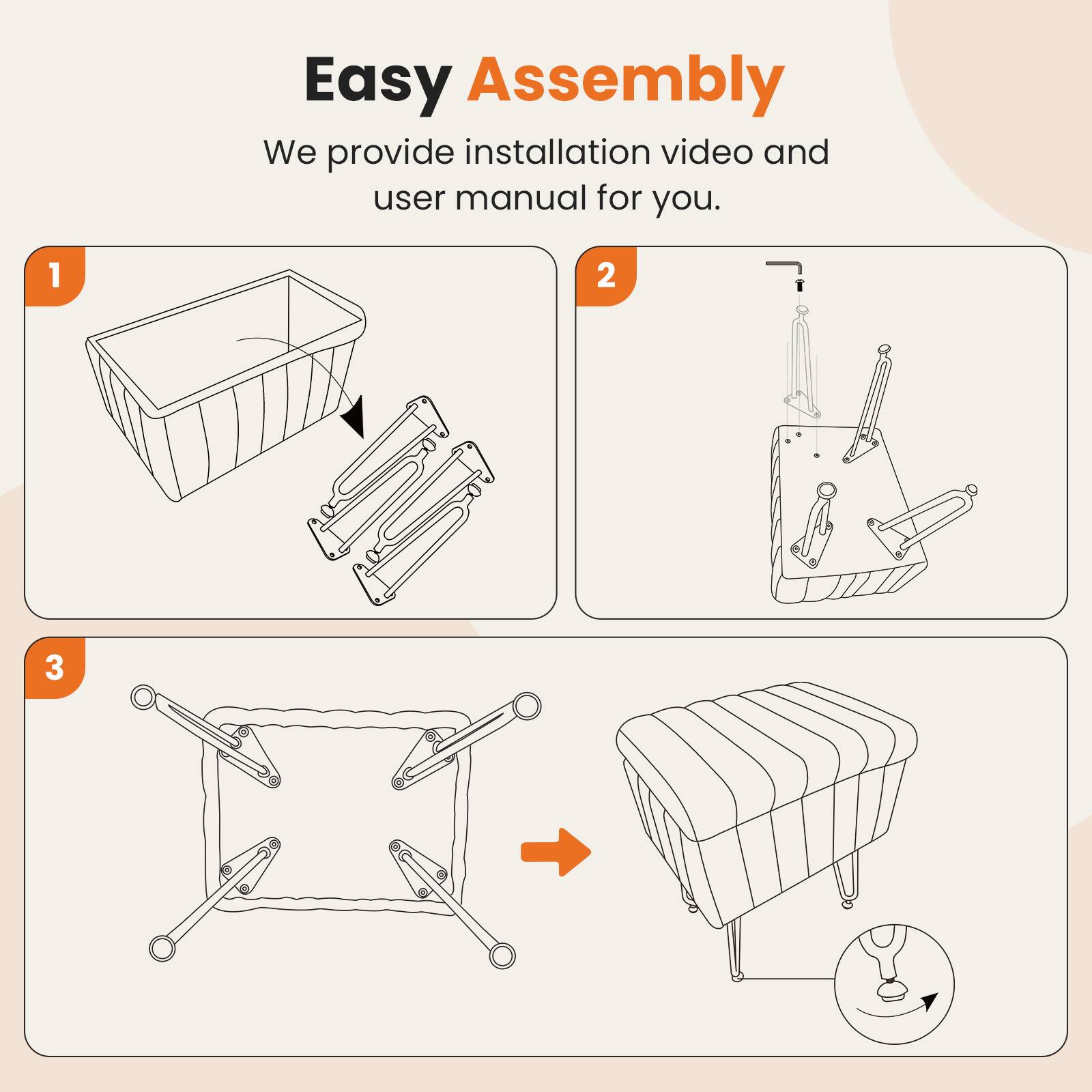 Easy Assembly

We provide installation video and user manual for you.

1. [Illustration of a box with legs]
2. [Illustration of a box with a faucet and legs]
3. [Illustration of a box with a faucet and wheels]
