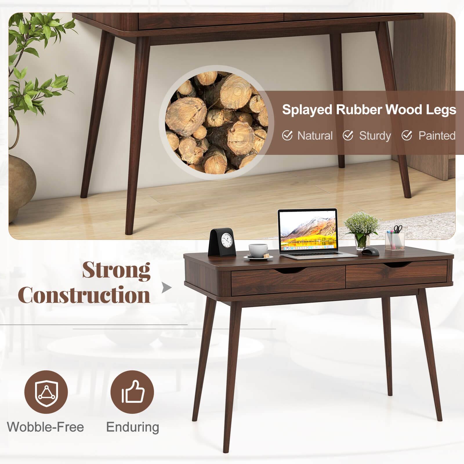 The text on the image reads: "Splayed Rubber Wood Legs Natural Sturdy Painted Strong Construction Wobble-Free Enduring."